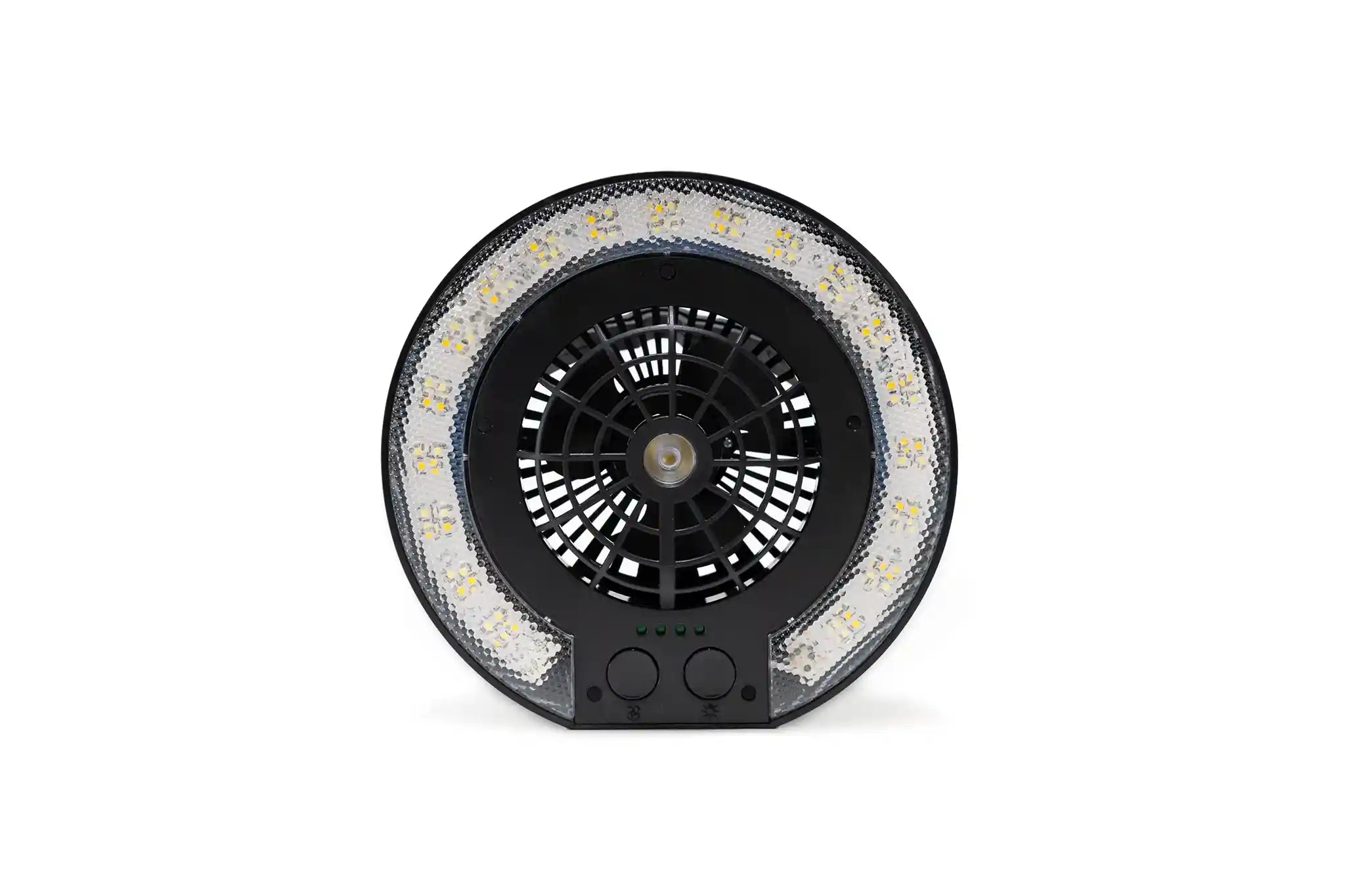 Freespirit Recreation LED fan lamp mounted inside a rooftop tent, providing bright lighting for outdoor camping adventures.