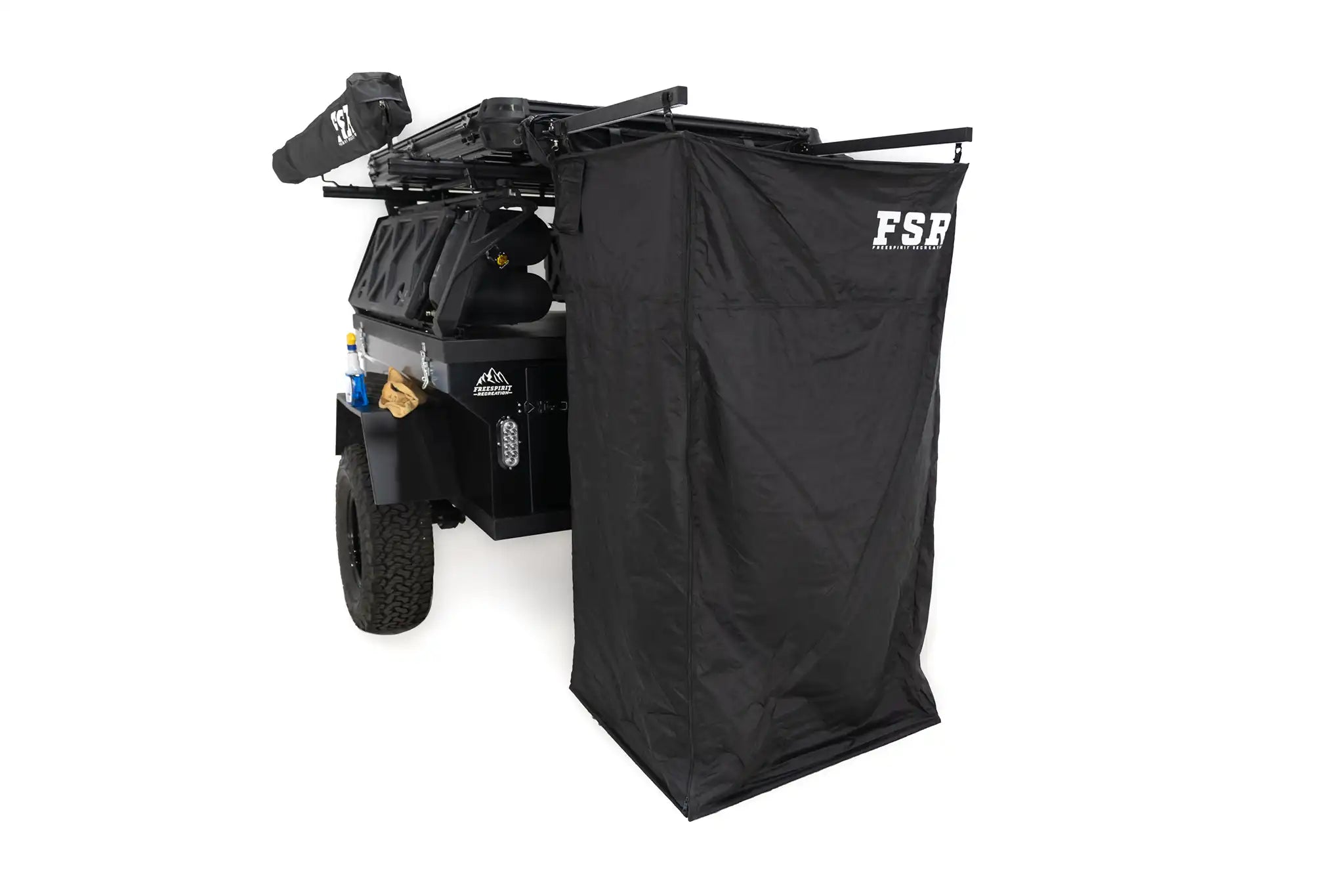 Freespirit Recreation shower awning set up, providing privacy for outdoor camping bathroom use.