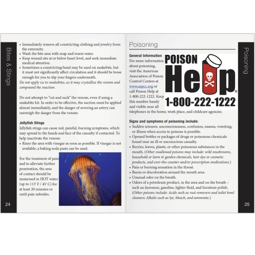 Full-color first aid guidebook by quakekits.com with CPR and AED instructions, featuring detailed illustrations and safety tips.