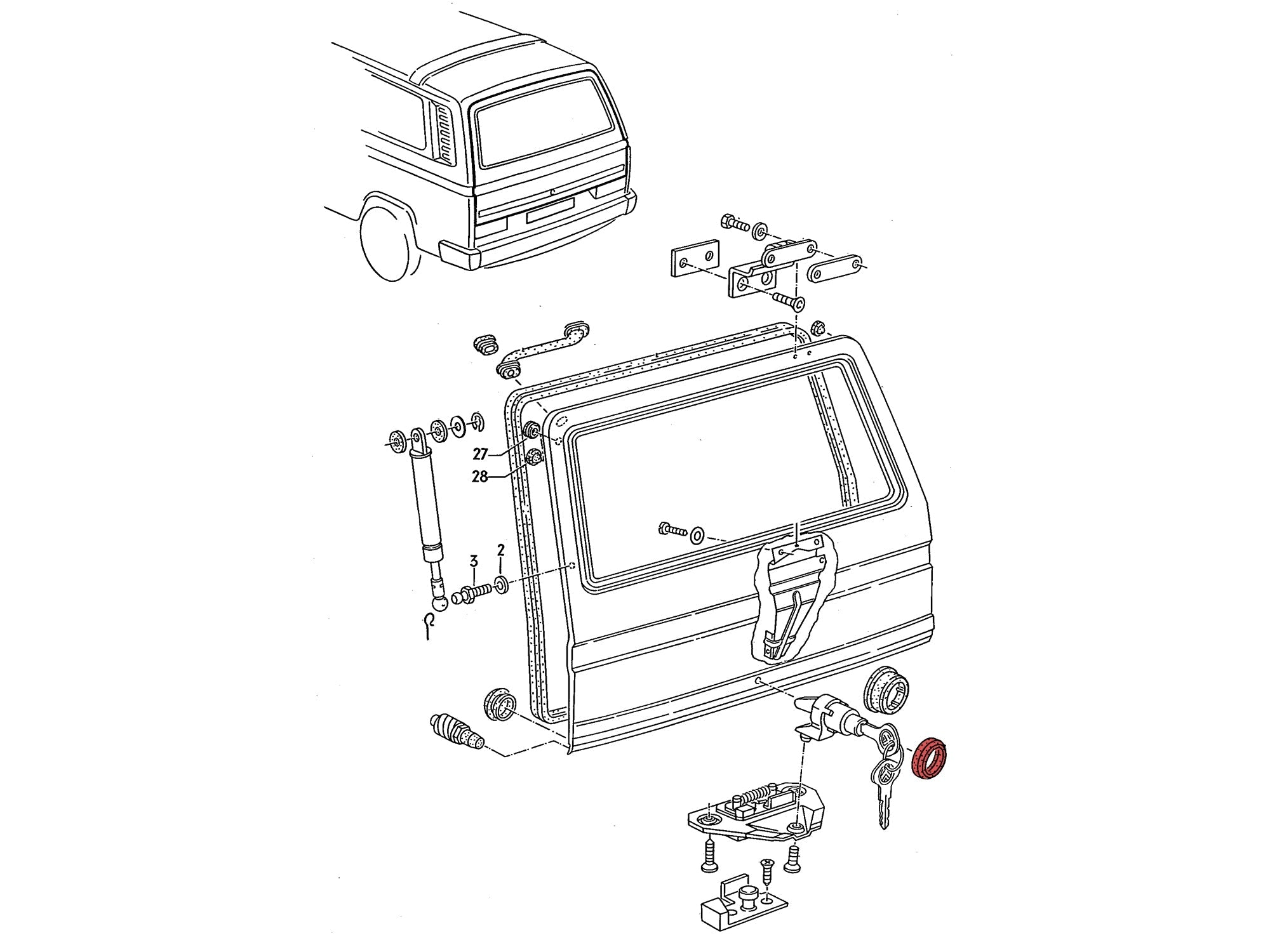 GoWesty rear hatch lock cylinder gasket for late Vanagon showing the gasket and lock cylinder in a close-up view.