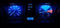 GoWesty Vanagon instrument cluster LED bulb kit installed in the dashboard, showing bright, energy-efficient LED bulbs for vehicle lighting.