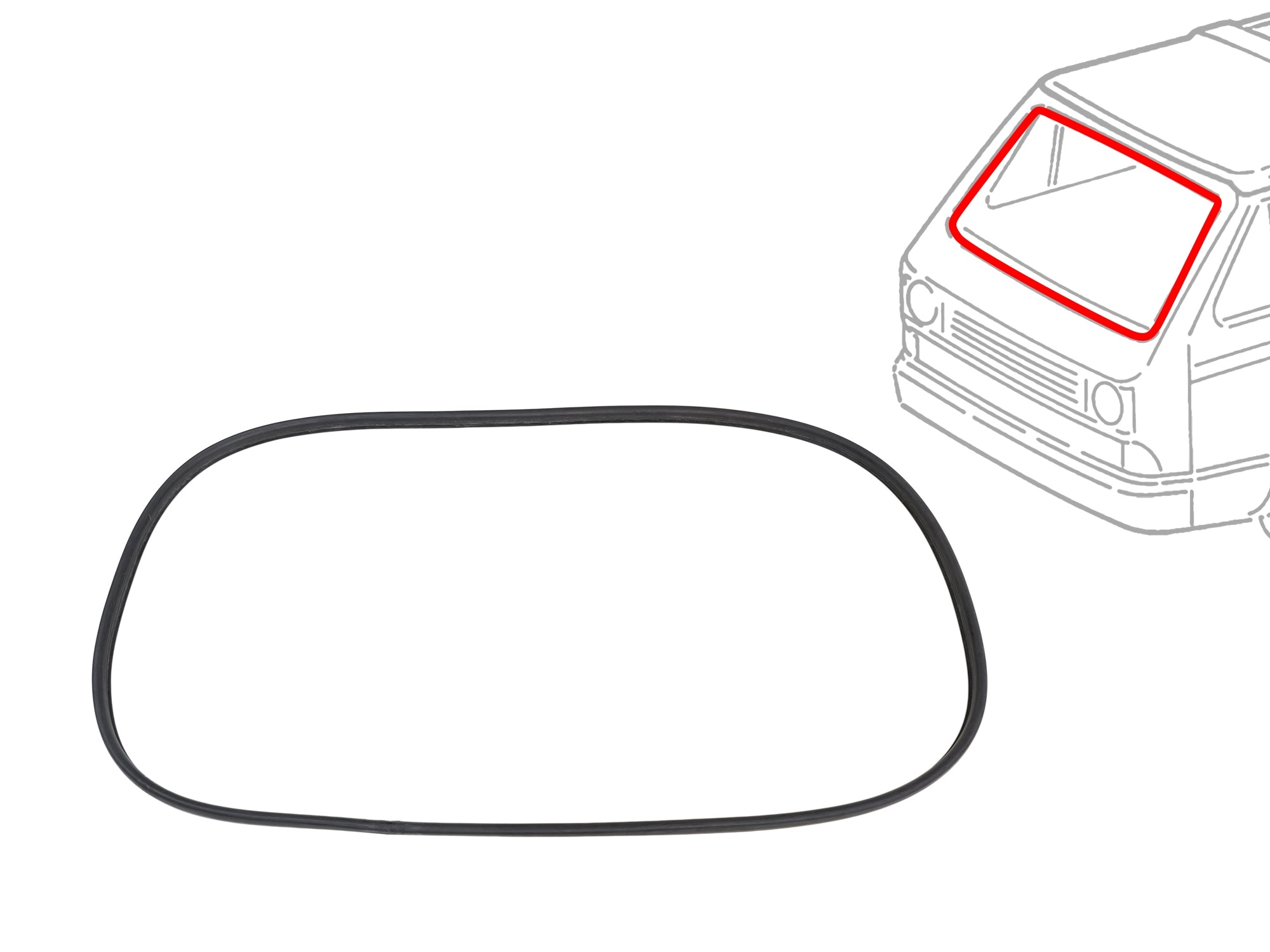 GoWesty Vanagon windshield seal without groove, close-up view showing the rubber seal's smooth edge and fit for vehicle windshield.