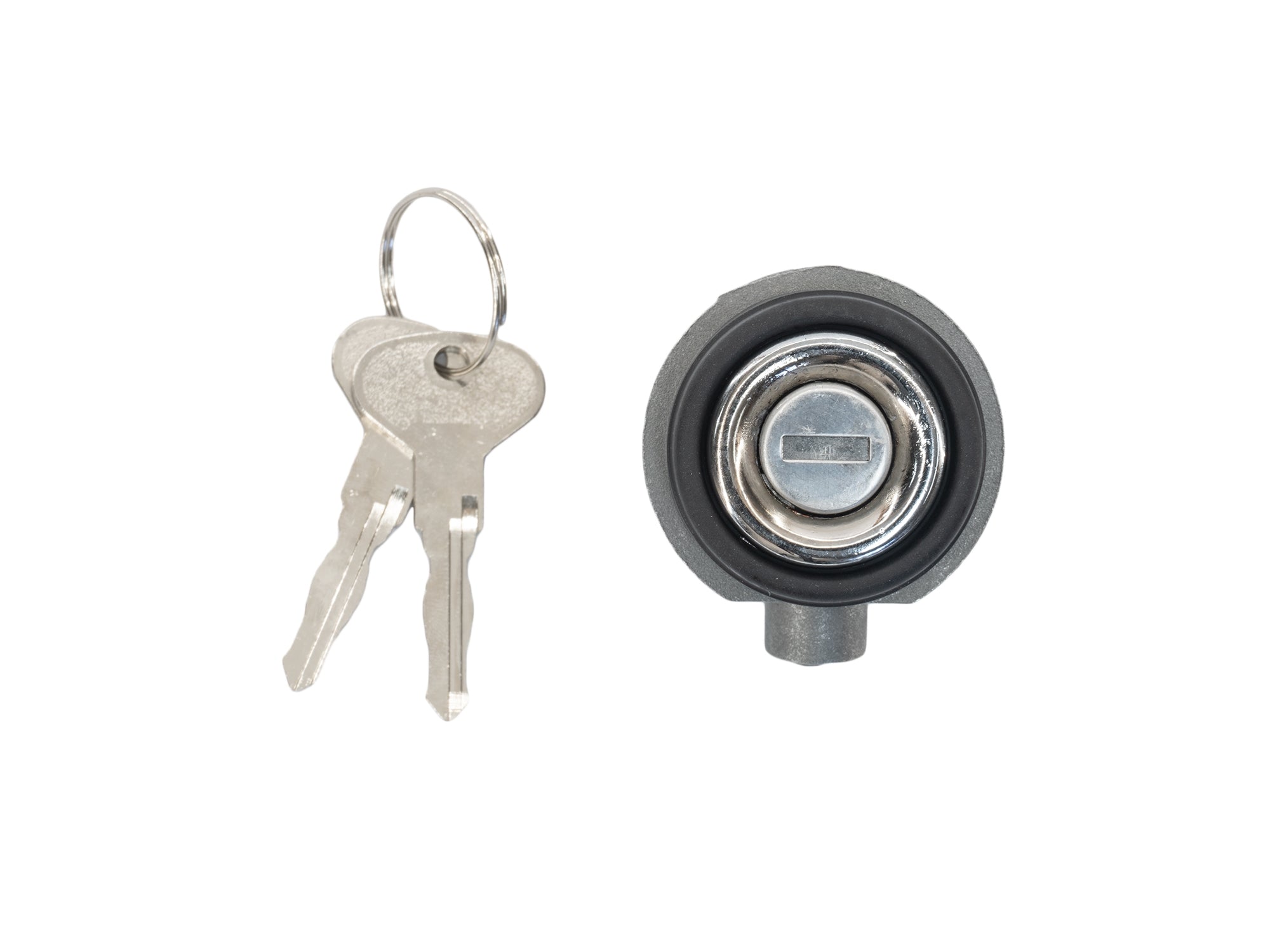 GoWesty lock cylinder and keys for Vanagon rear hatch, showing the metal lock mechanism and matching key set.