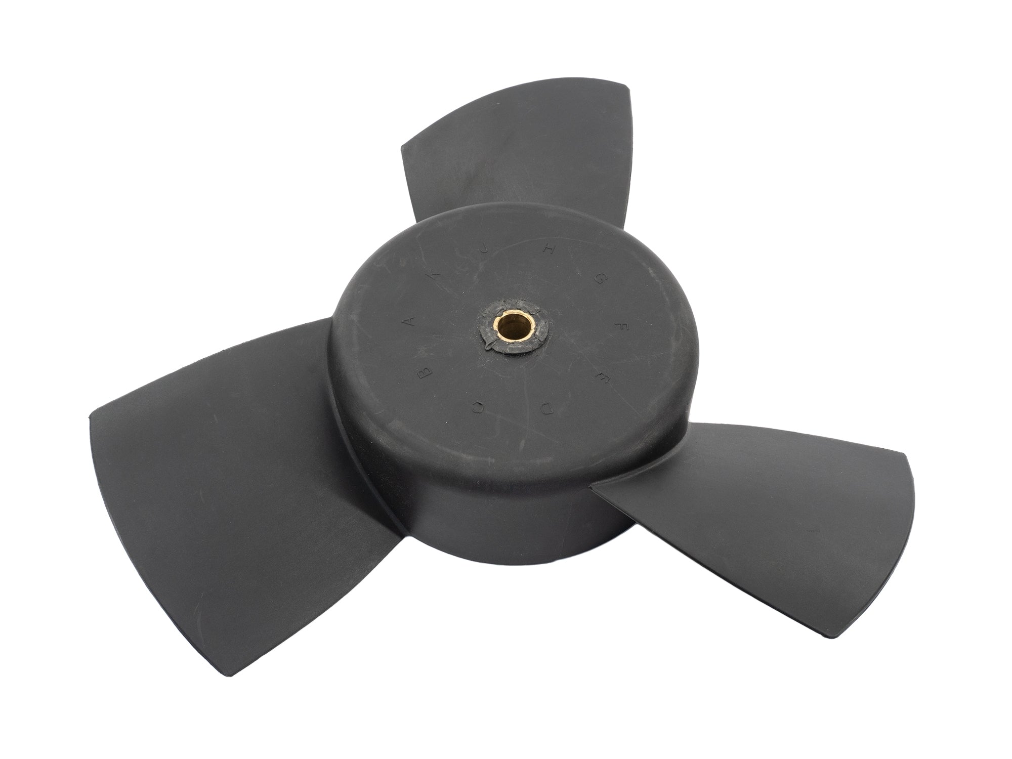 GoWesty 450W radiator fan and motor for late Vanagon, showing the fan blades and motor assembly in a close-up view.
