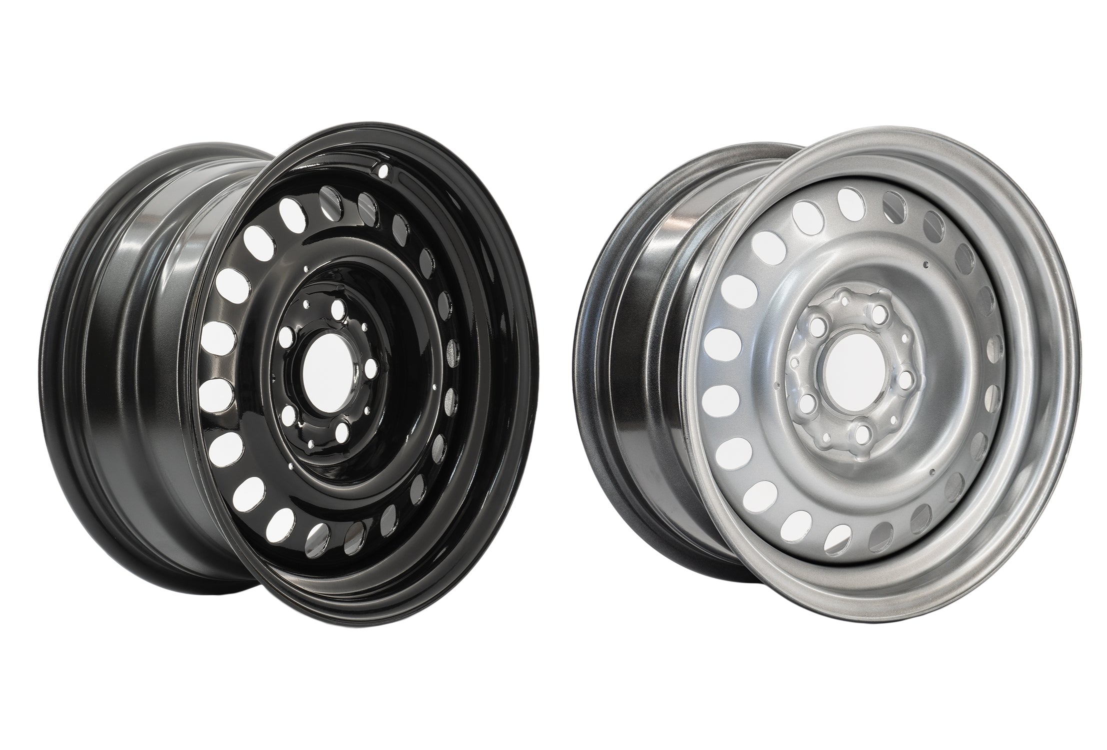 GoWesty 15-inch steel wheel for bus and Vanagon, suitable for 2WD and 4WD models, showing the full wheel with tire.