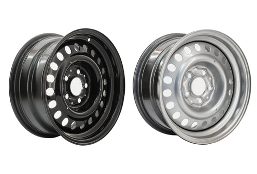 GoWesty 15-inch steel wheel for bus and Vanagon, suitable for 2WD and 4WD models, showing the full wheel with tire.