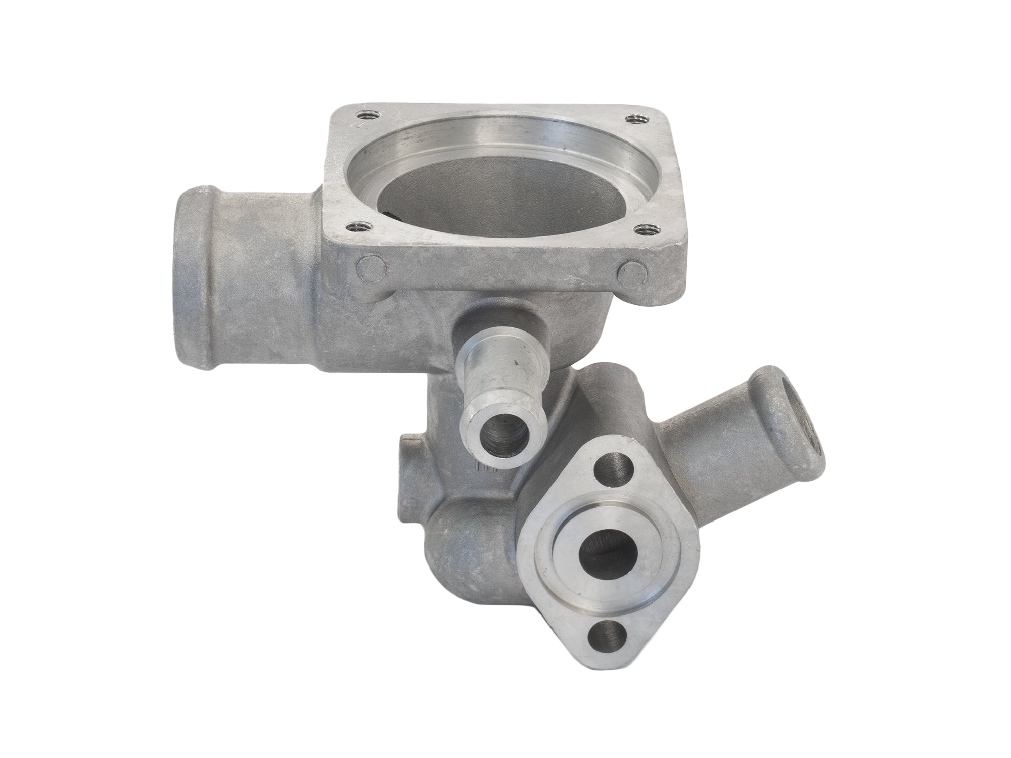 Aluminum lower thermostat housing for 2WD and Syncro Volkswagen vehicles, branded by GoWesty, shown in the image.