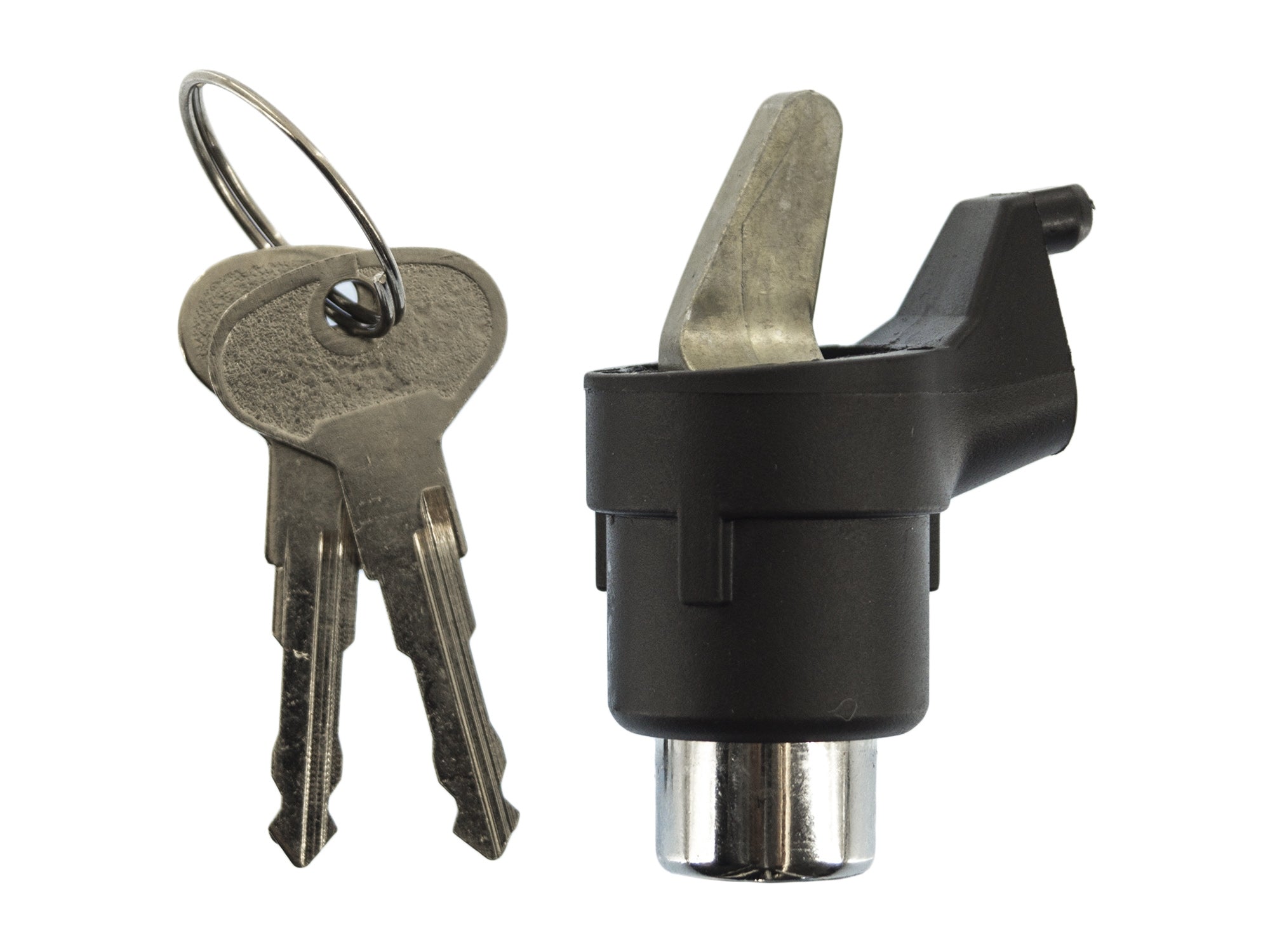 GoWesty lock cylinder and key set for Vanagon rear hatch, showing the metal cylinder and attached keys.
