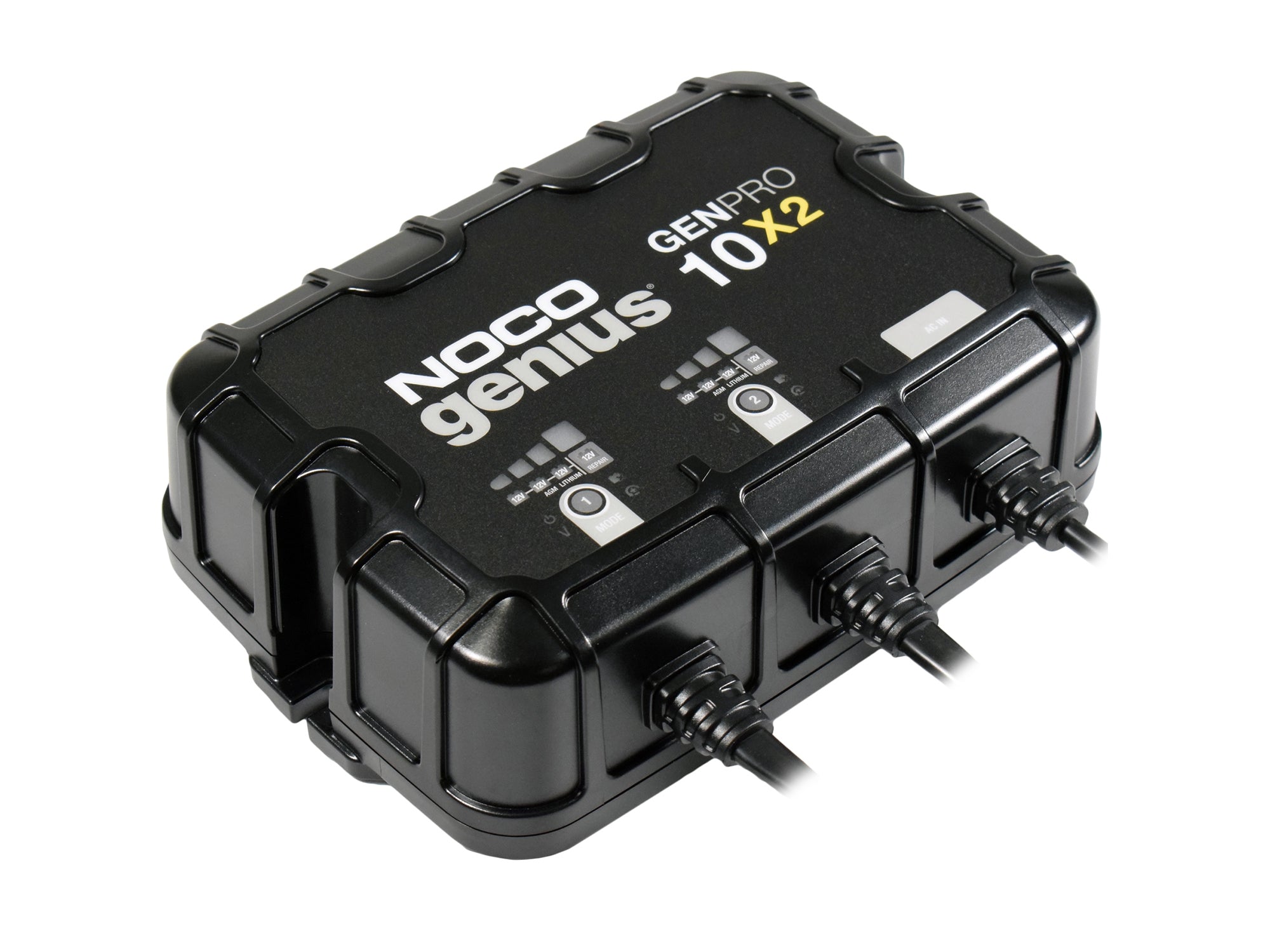 GoWesty Noco Genius GenPro10x2 battery charger showing multiple charging ports and digital display on a clean surface.