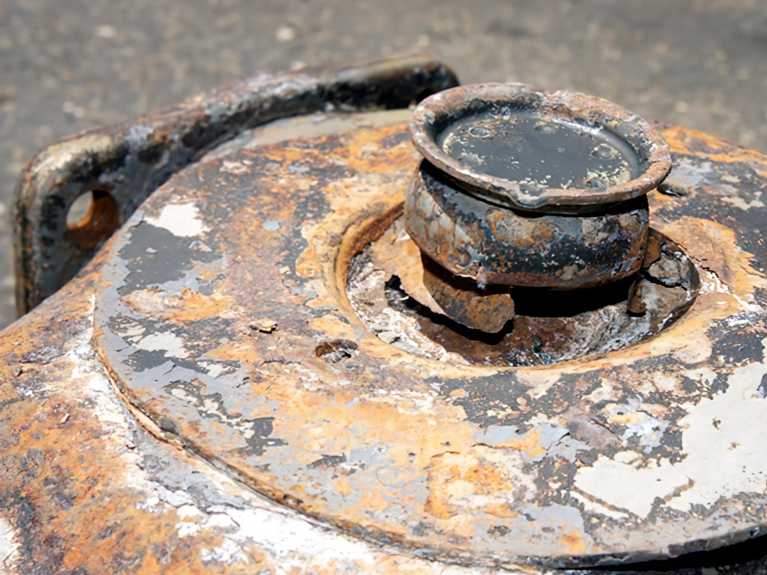 GoWesty spring plate for Vanagon trailing arm, mechanical auto part, shown in a close-up view with metal components.