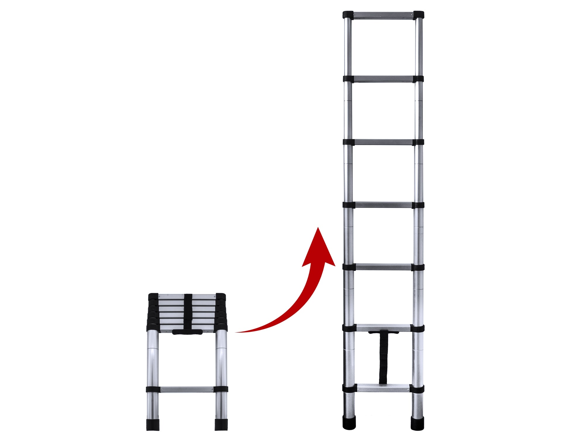GoWesty telescoping ladder for exterior use, fully extended, showing sturdy metal rungs and compact design for versatile outdoor access