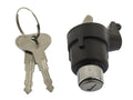 GoWesty lock cylinder and keys for Vanagon rear hatch, showing the metal lock part and a set of keys attached.