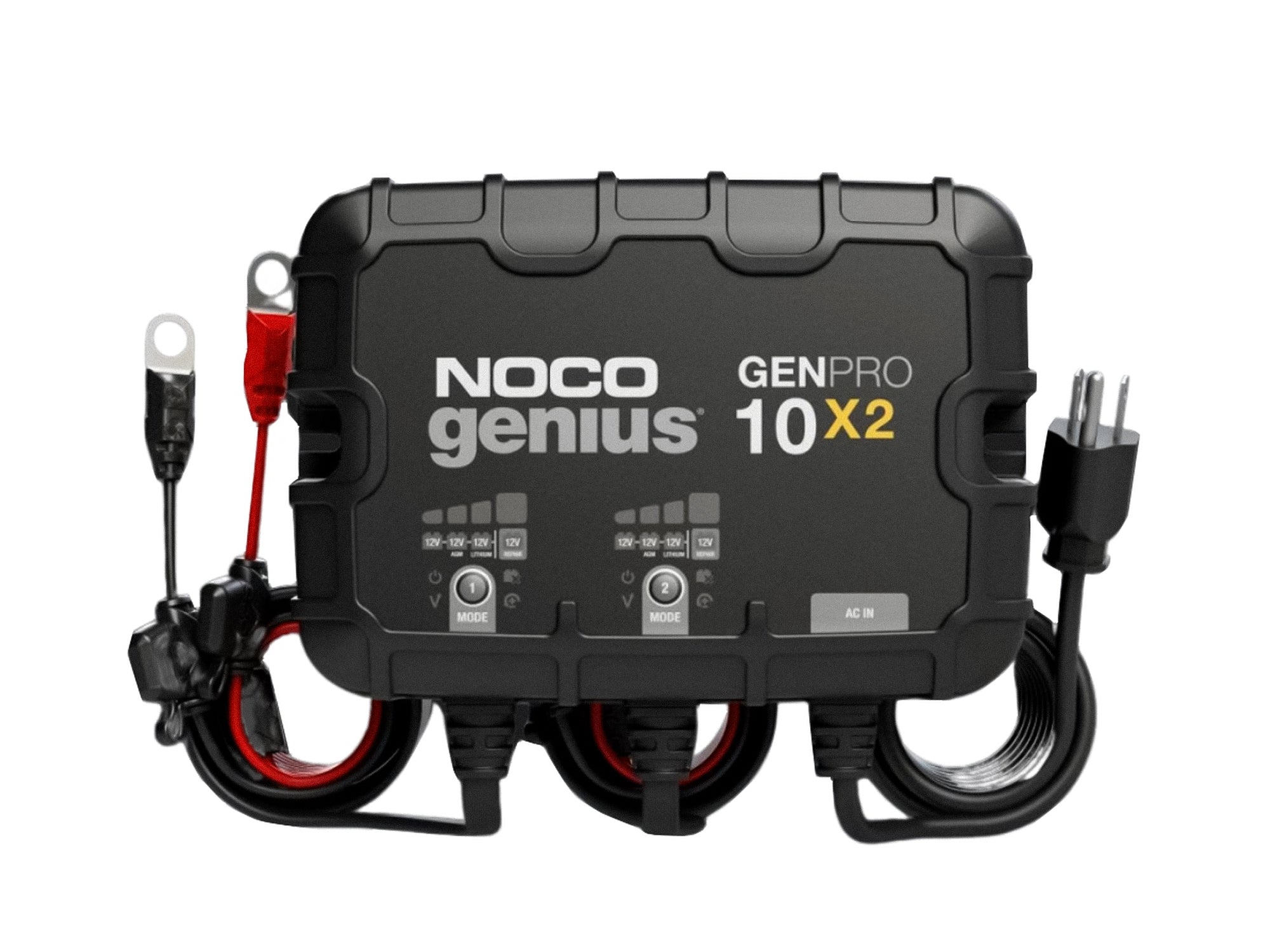 GoWesty Noco Genius GenPro10x2 battery charger showing its compact design with multiple charging ports and digital display.