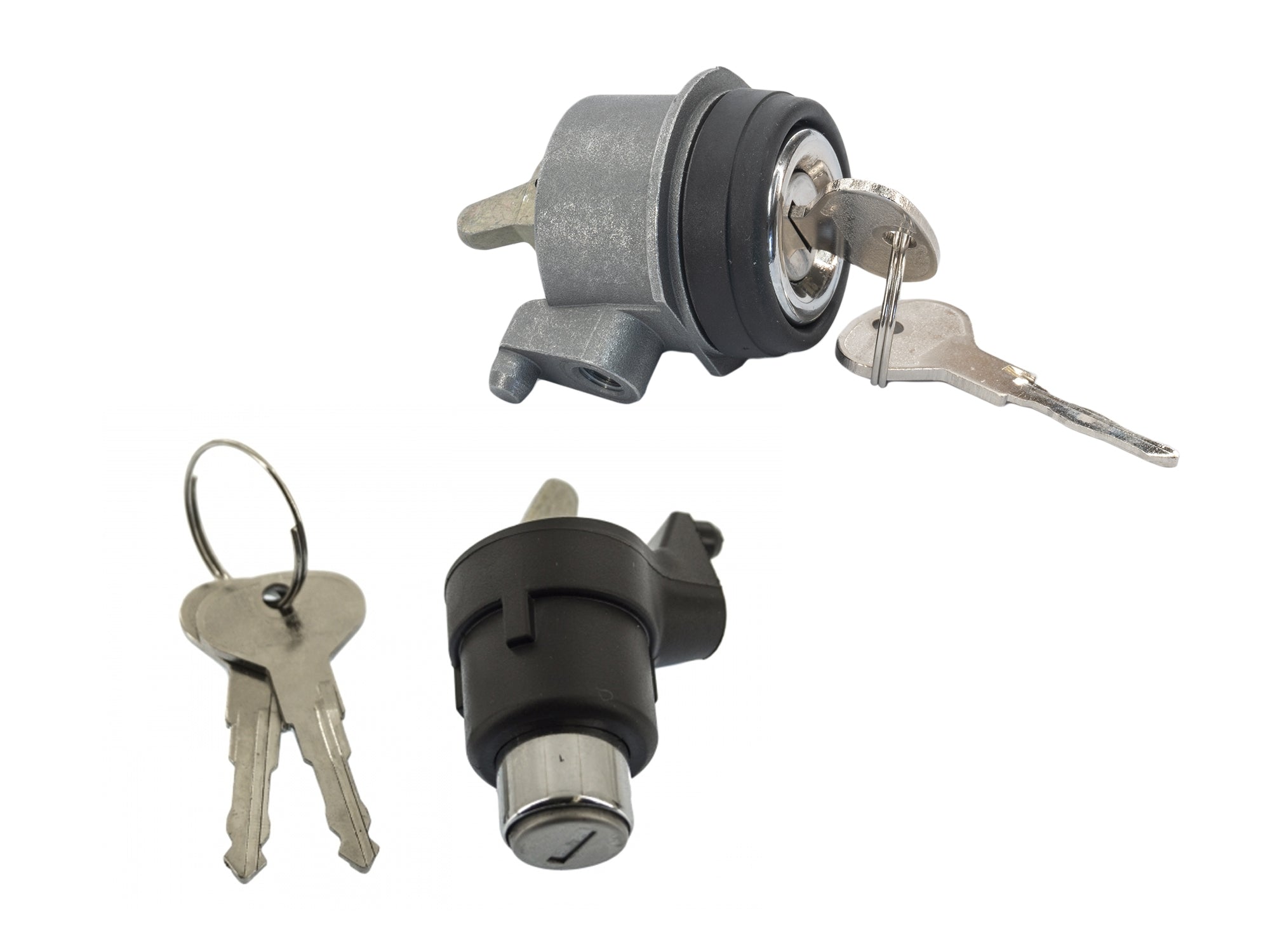 GoWesty lock cylinder and keys for Vanagon rear hatch, showing the metallic lock and matching keys.