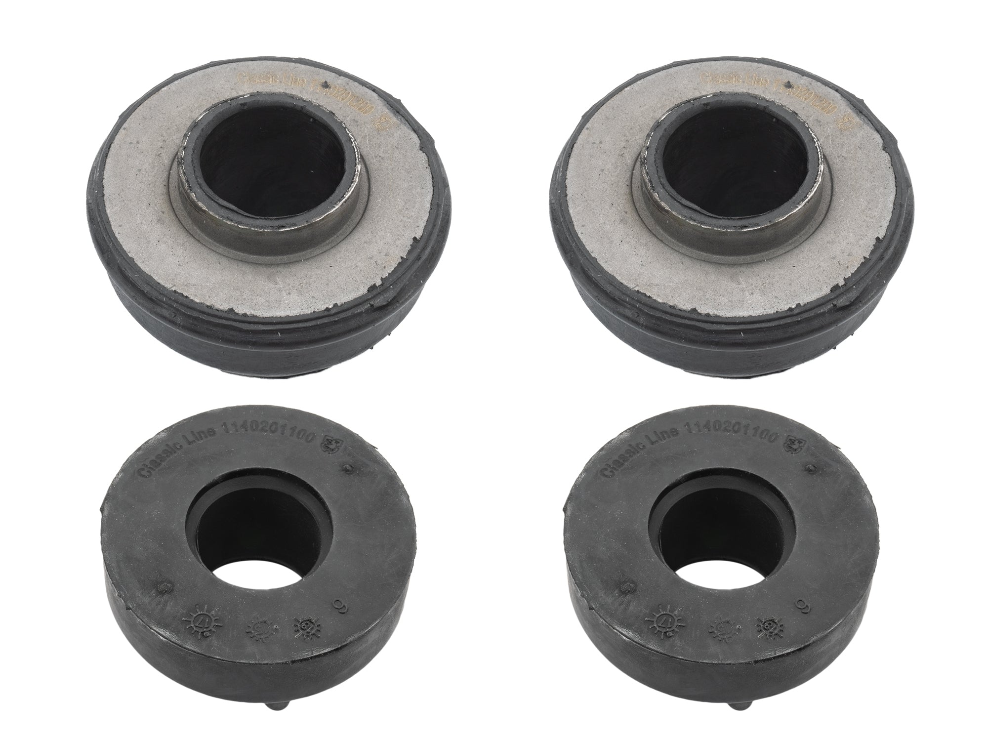 GoWesty front and rear radius rod bushing set showing close-up of bushings installed on vehicle suspension components.