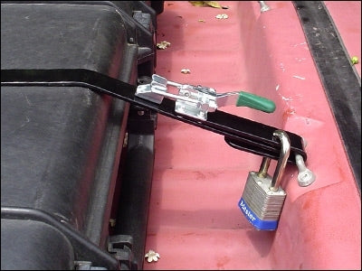 GoWesty locking strap for luggage rack cargo box exterior accessory, shown securing cargo on vehicle roof.