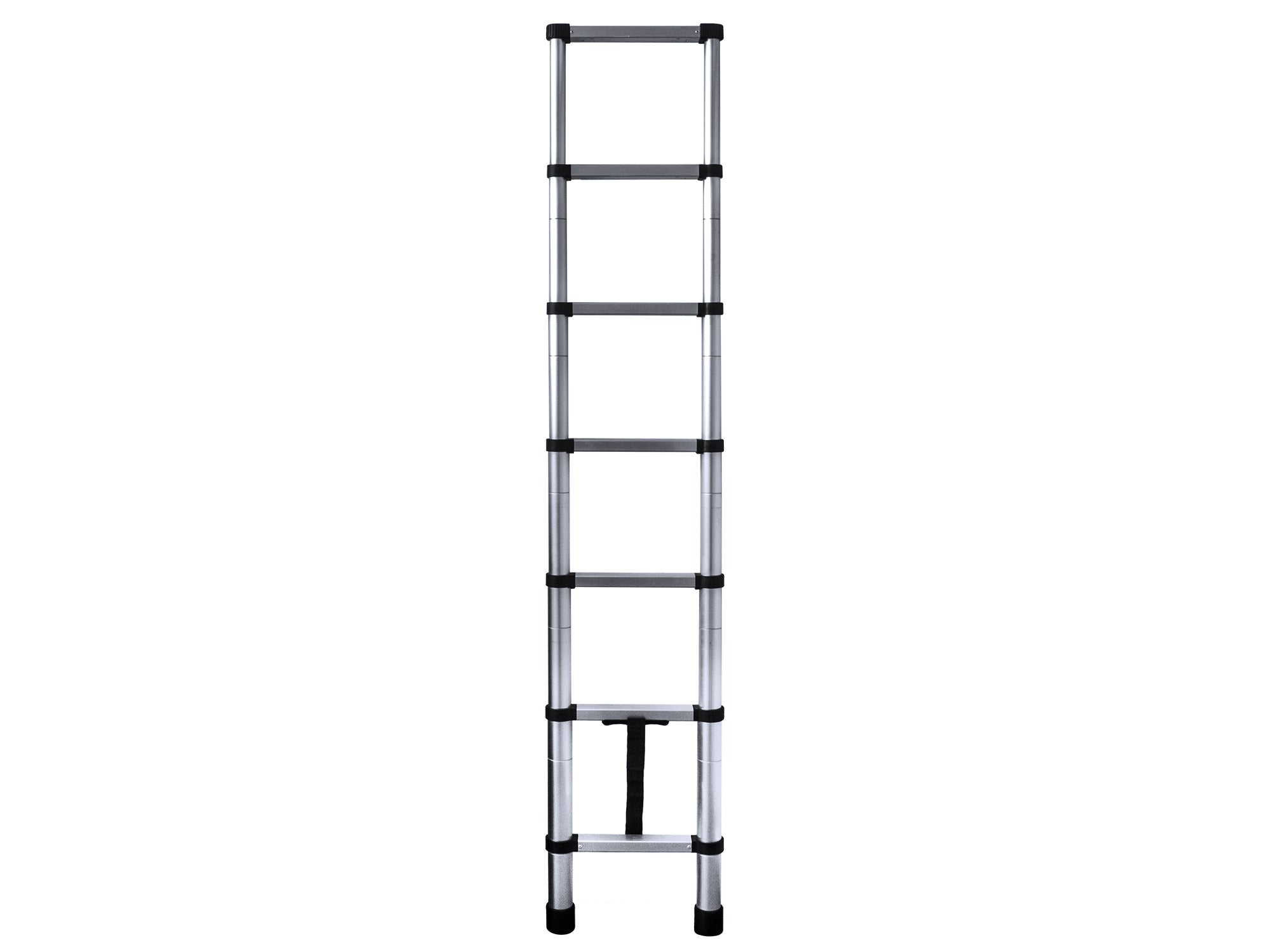 GoWesty telescoping ladder extended for exterior use, showing adjustable aluminum rungs and compact storage in a natural outdoor setting.
