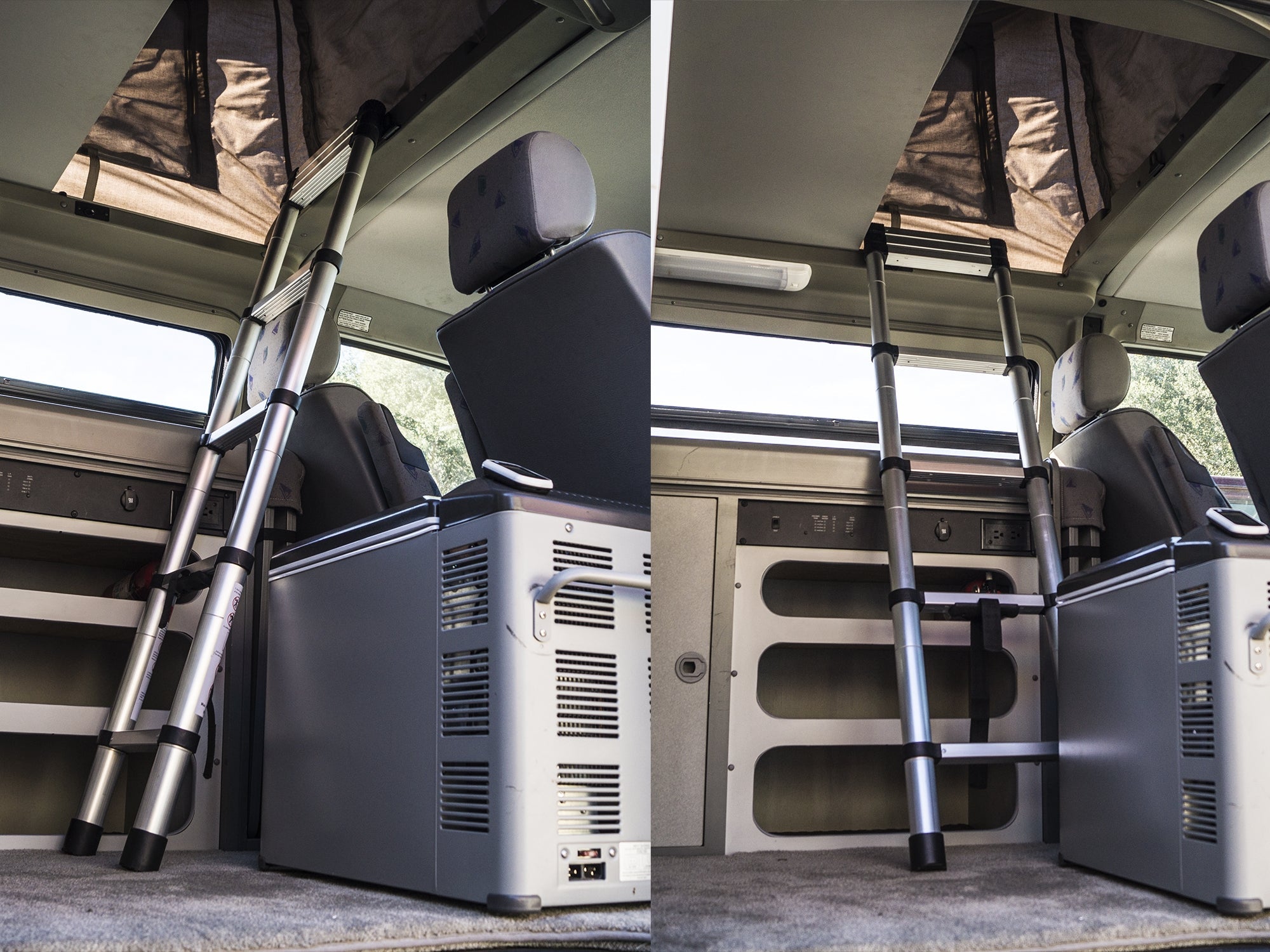 GoWesty telescoping ladder extended for exterior use, lightweight aluminum construction, leaning against a building for outdoor access.