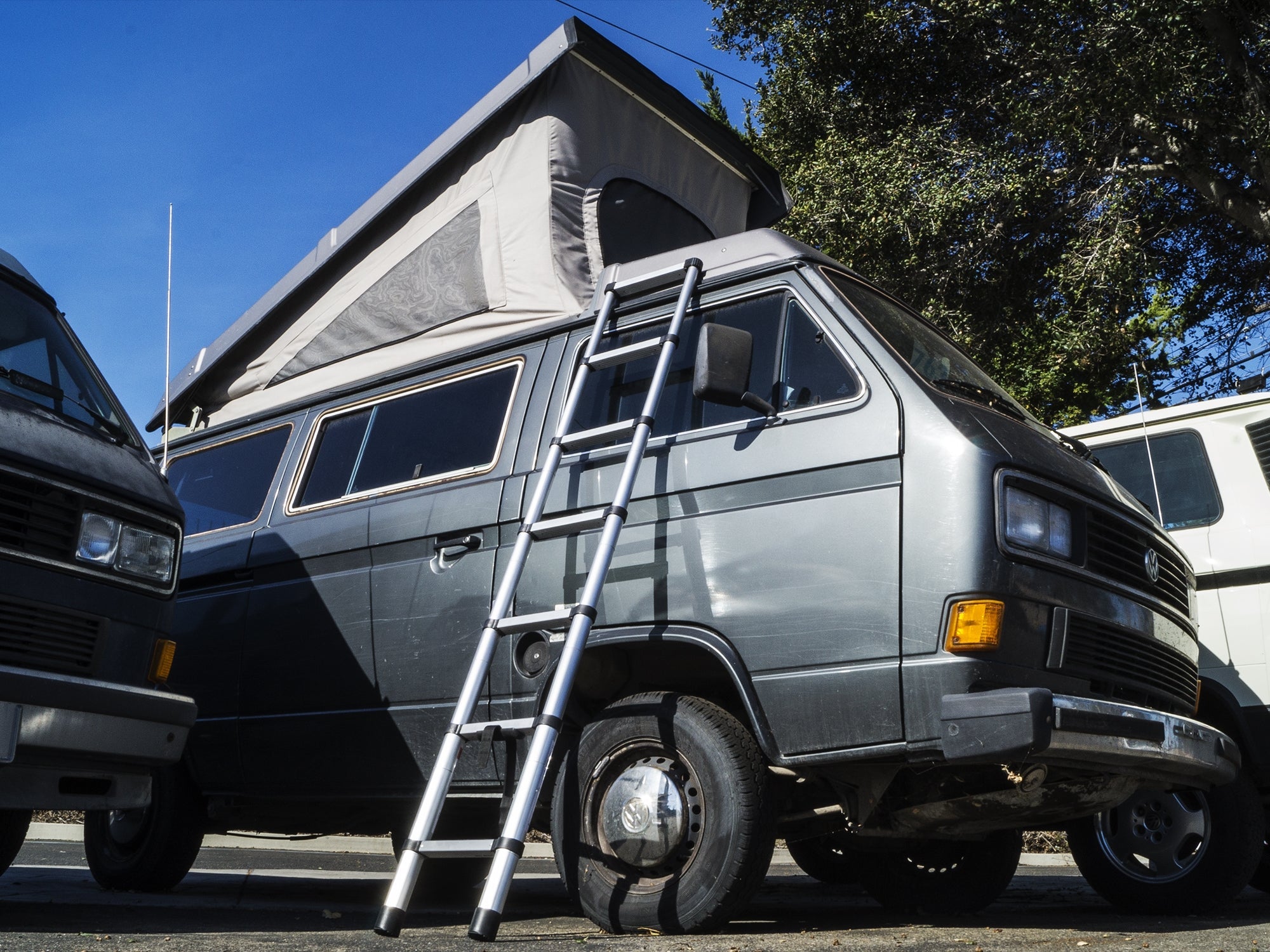 GoWesty telescoping ladder for exterior use, fully extended showing sturdy aluminum steps and compact storage in a natural outdoor setting.