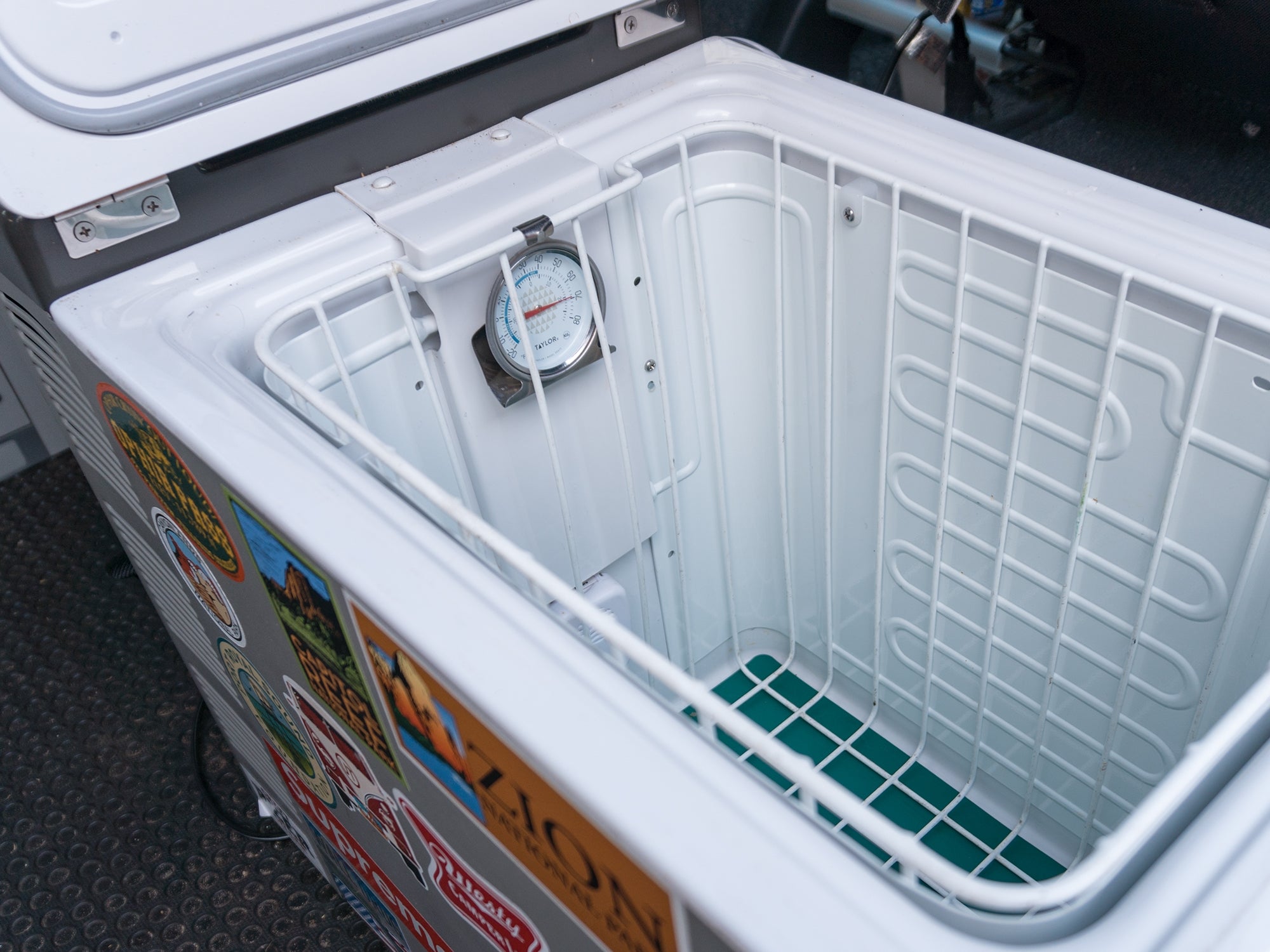 GoWesty freezer and refrigerator dial thermometer showing temperature gauge with clear dial and easy-to-read markings.