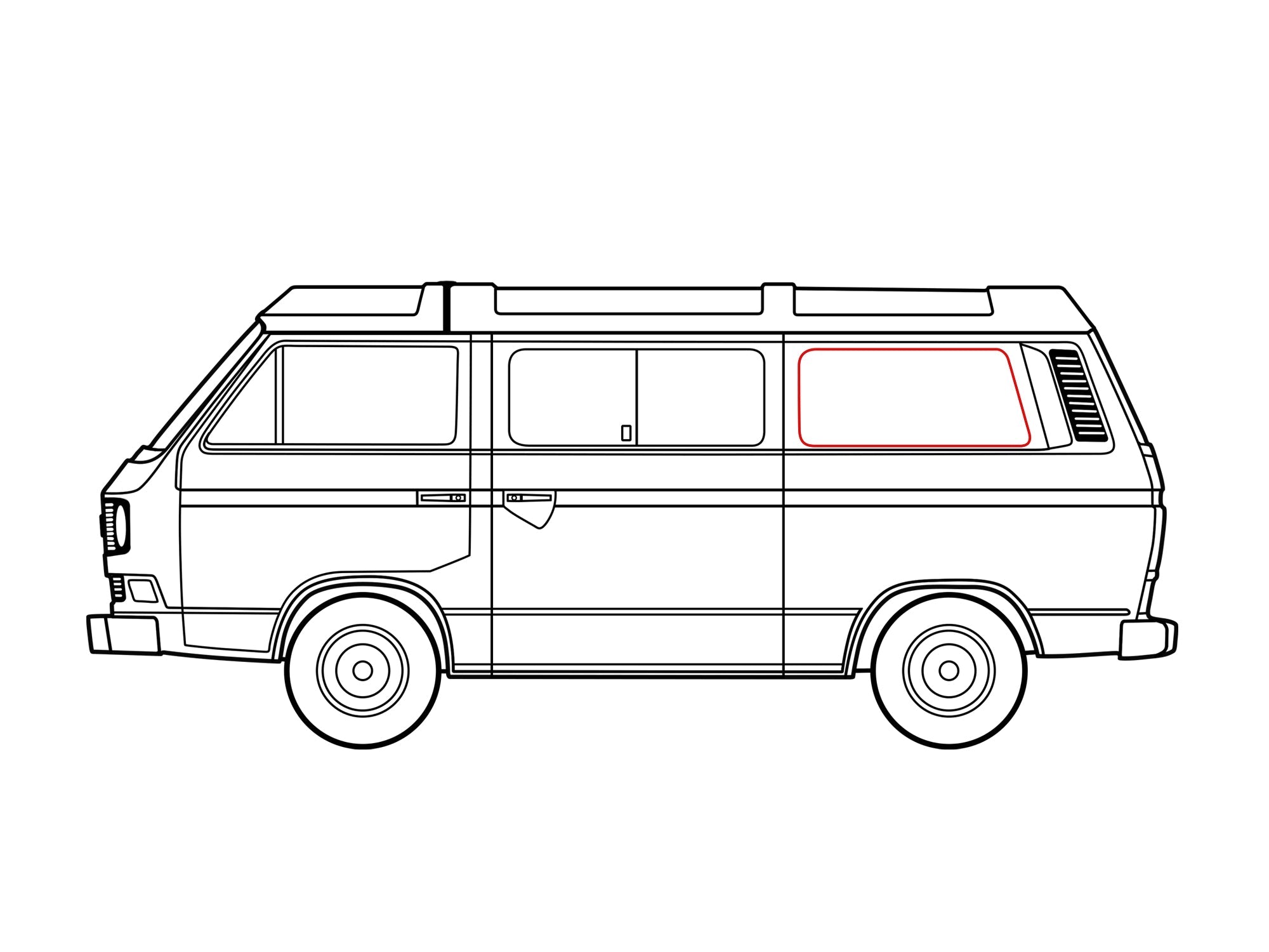 GoWesty rear side window seal with groove for Vanagon, showing the black rubber seal with groove design for proper fit.
