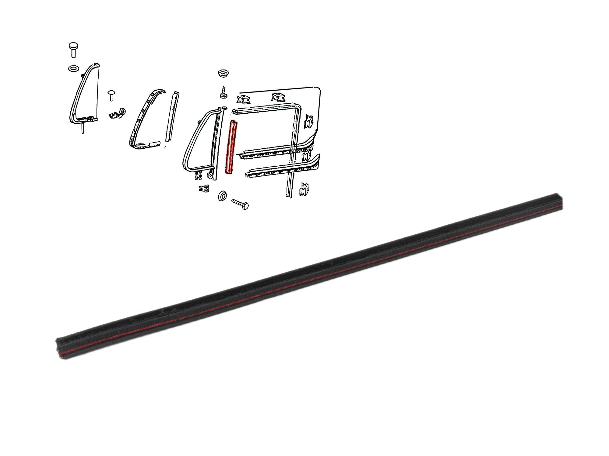 GoWesty front felt channel strip L/R for 1968-79 VW Bus, showing the full length of the replacement rubber strip for the vehicle's front.