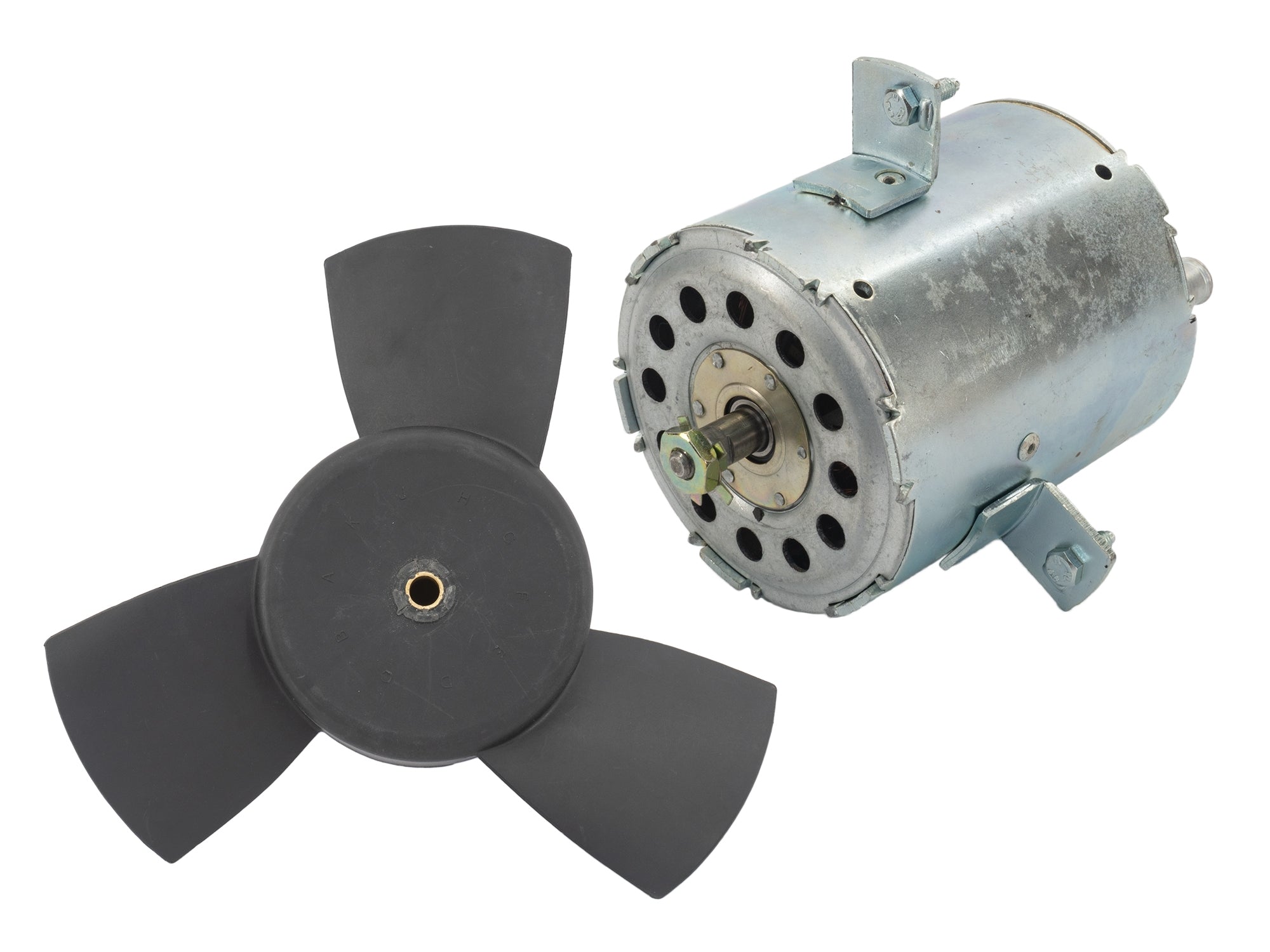 GoWesty 450W radiator fan and motor for late Vanagon, showing the black fan blade and motor assembly attached.