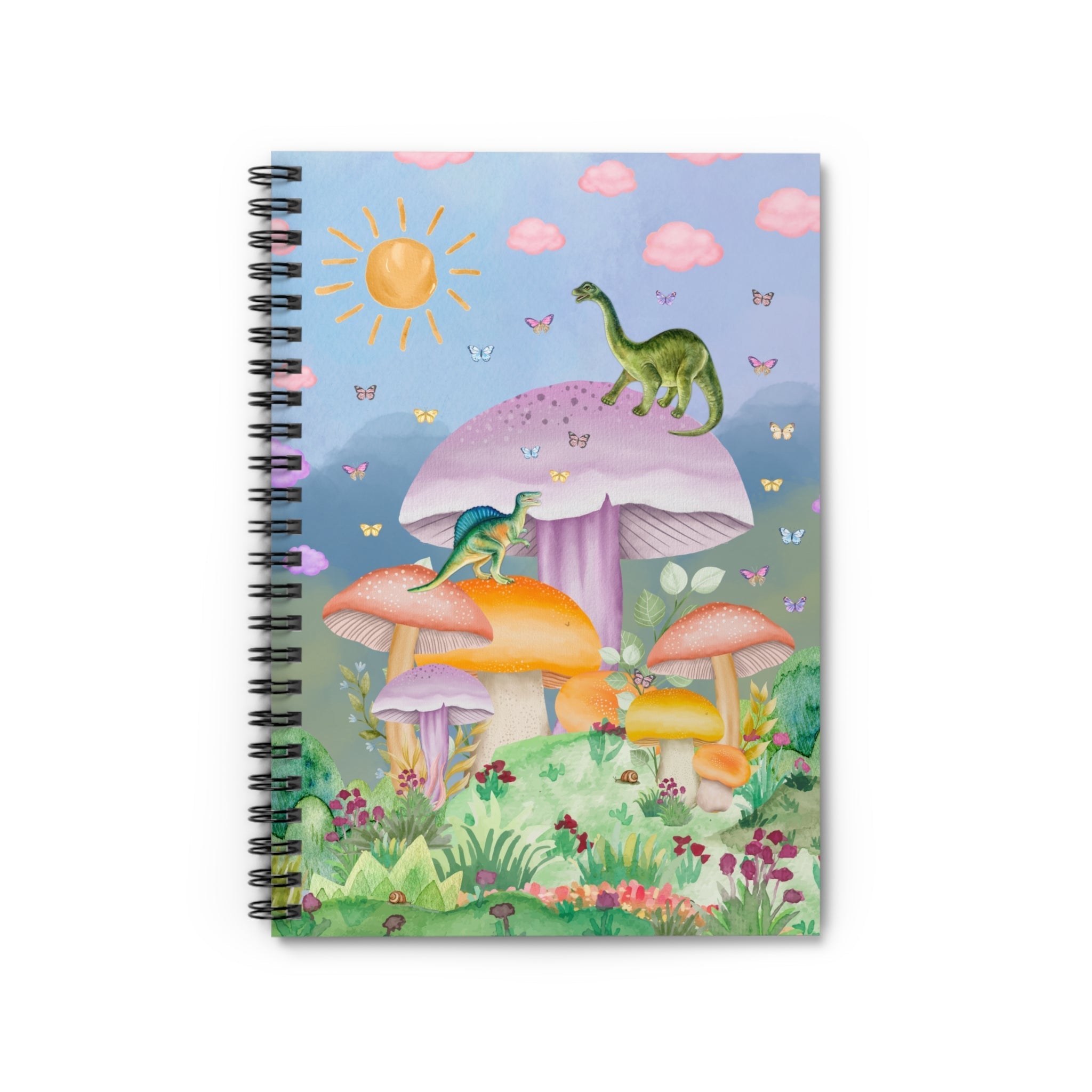 Funny dinosaur spiral notebook with mushroom illustrations and lined pages, ideal for writing and note-taking.