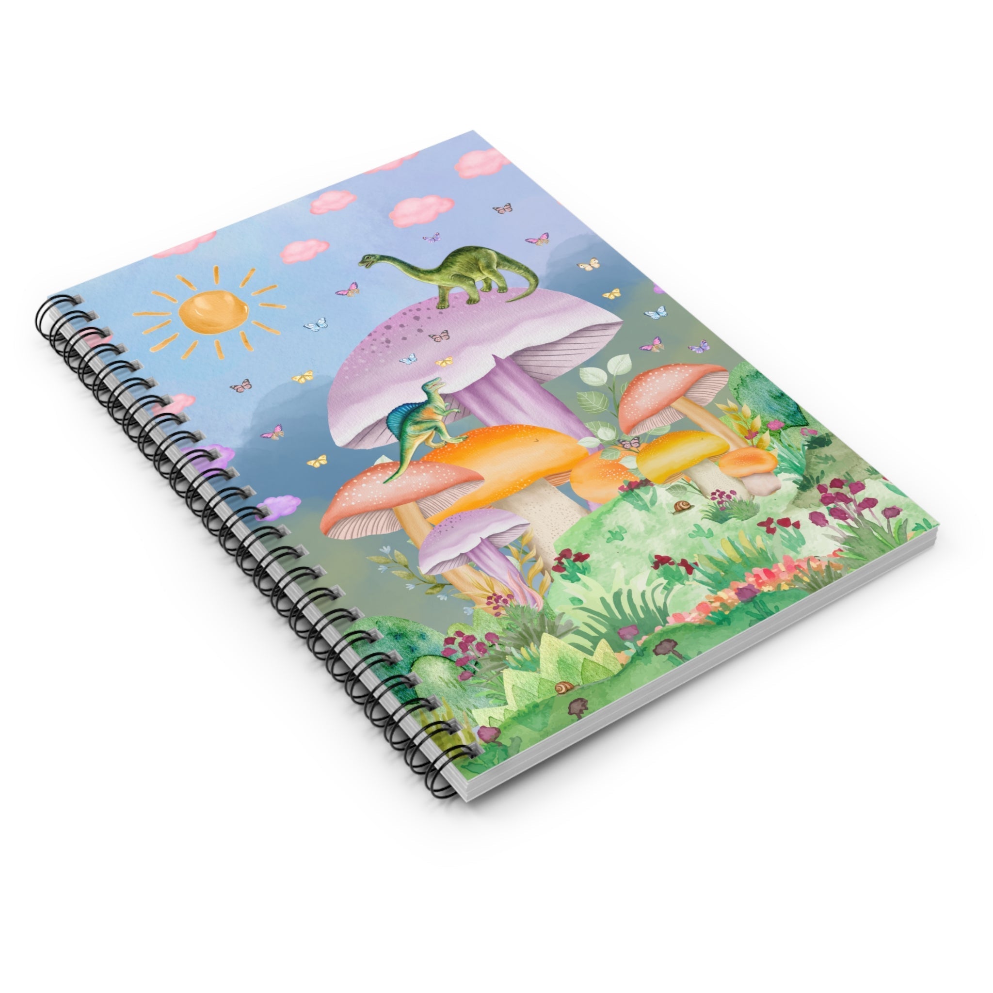 Funny dinosaur spiral notebook with mushroom illustrations and lined pages, by Opal and June, perfect for note-taking and doodling.