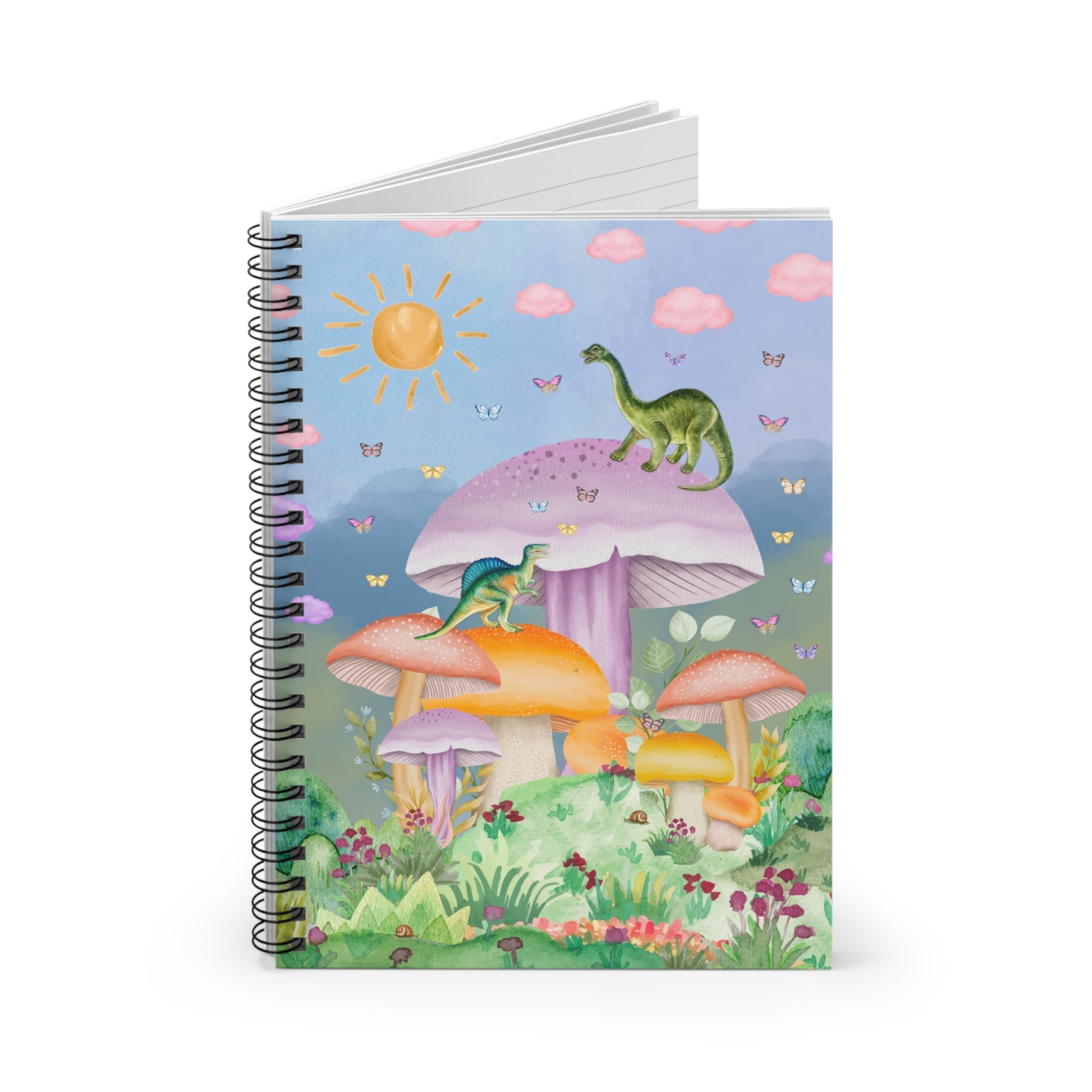 Funny dinosaur spiral notebook with mushroom illustrations, lined pages, by Opal and June, perfect for note-taking and journaling.