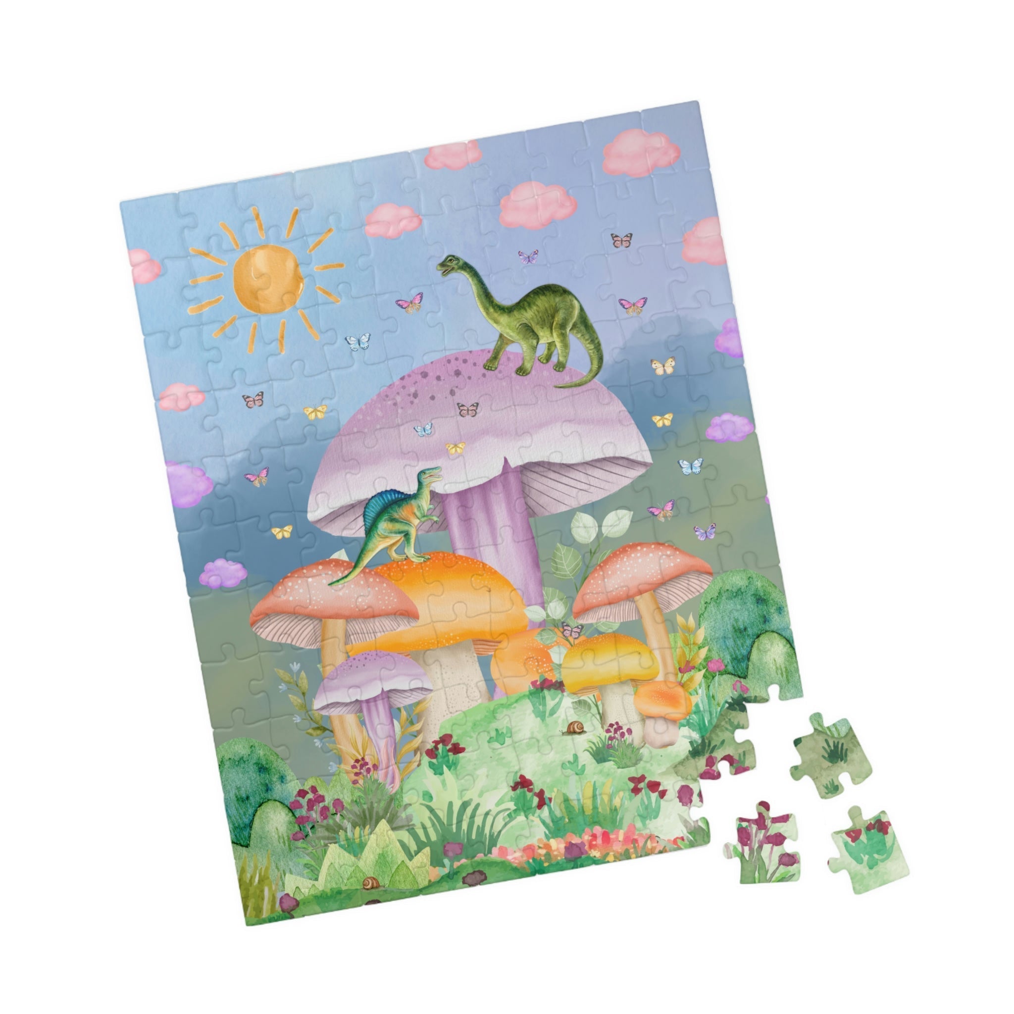 Opal and June funny dinosaur puzzle featuring mushrooms and a 70s butterfly design, perfect for adult puzzle enthusiasts.