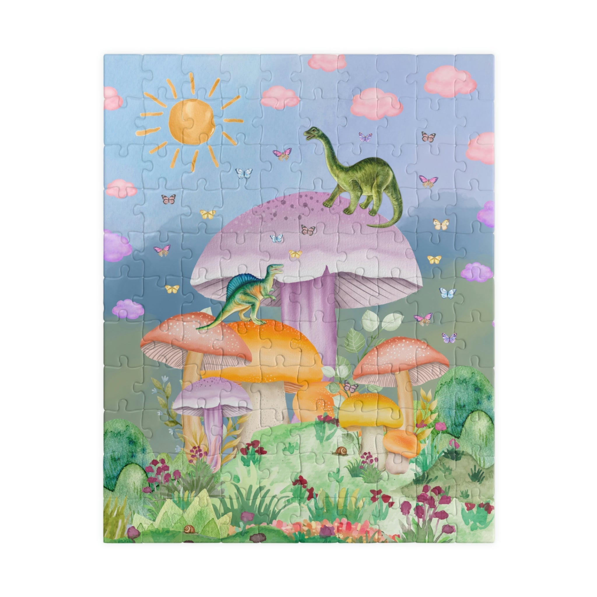 Opal and June funny dinosaur puzzle with mushrooms, featuring a creative butterfly design for adults with a 70s vibe.