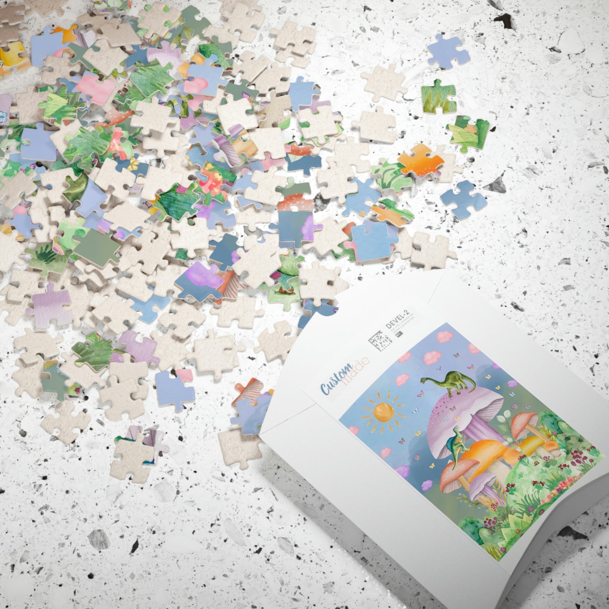 Opal and June funny dinosaur puzzle with mushrooms, featuring a 70s-inspired butterfly design for adults. Colorful and creative.