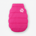 The Wild Paw Furline Coat, a stylish coat with soft fur lining and a pink exterior, displayed on a hanger.