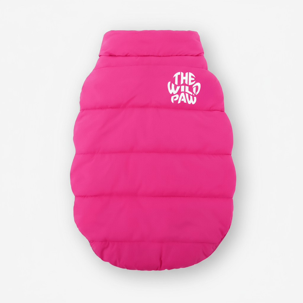 The Wild Paw Furline Coat, a stylish coat with soft fur lining and a pink exterior, displayed on a hanger.