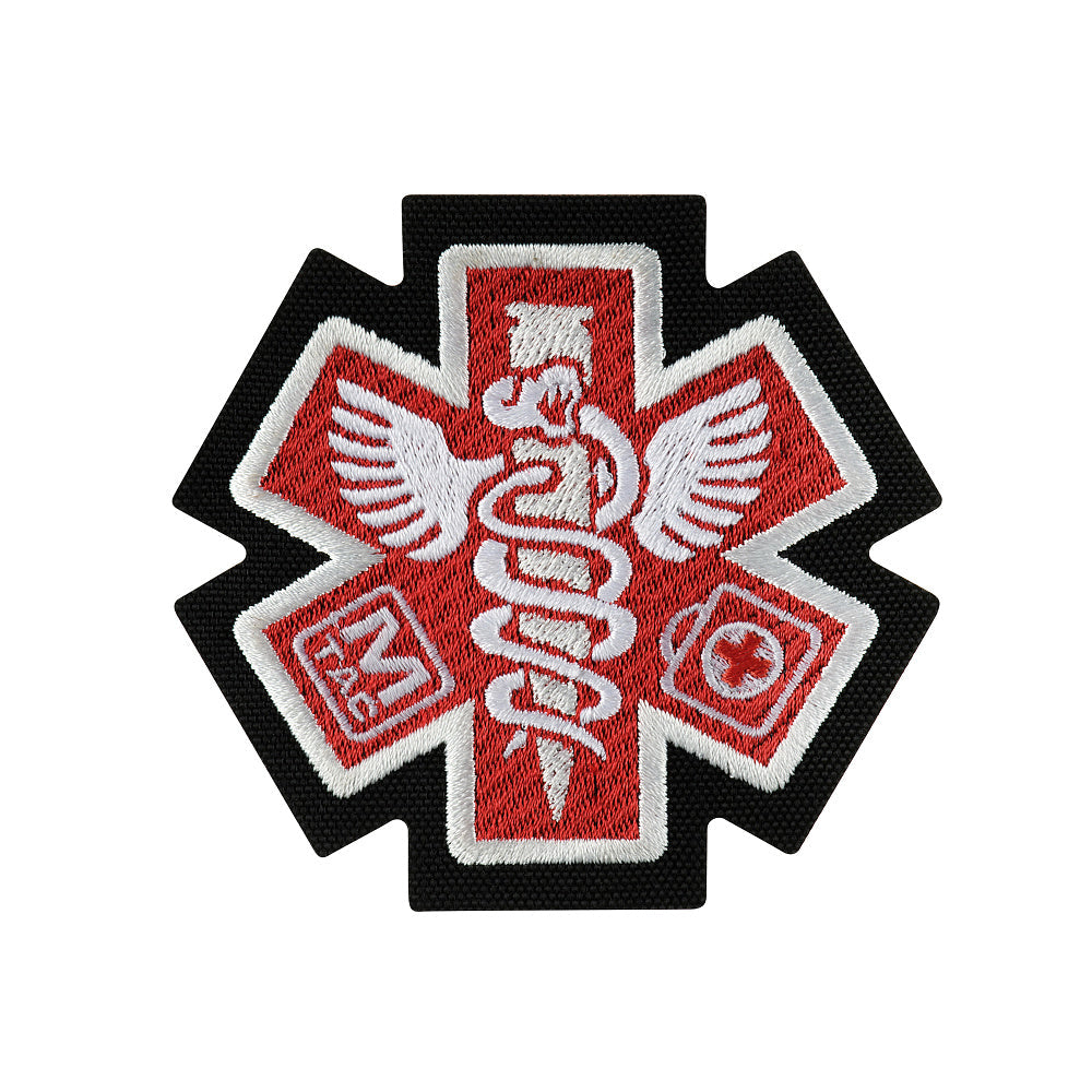 M-TAC embroidered paramedic patch featuring red and white medical symbols on a black background.
