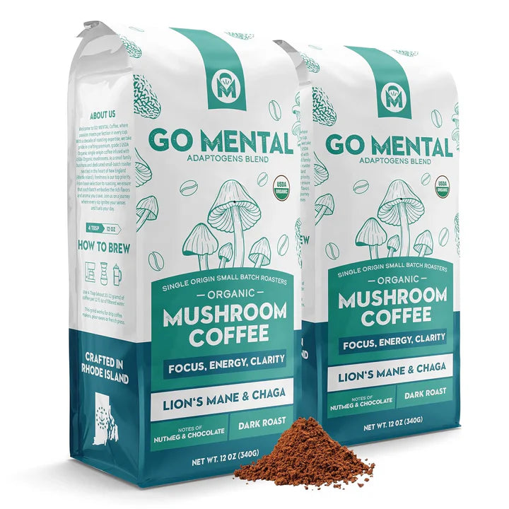 Dark roast Organic Lion's Mane and Chaga mushroom coffee by GO MENTAL MUSHROOM COFFEE in a bag with coffee beans and mushroom images.