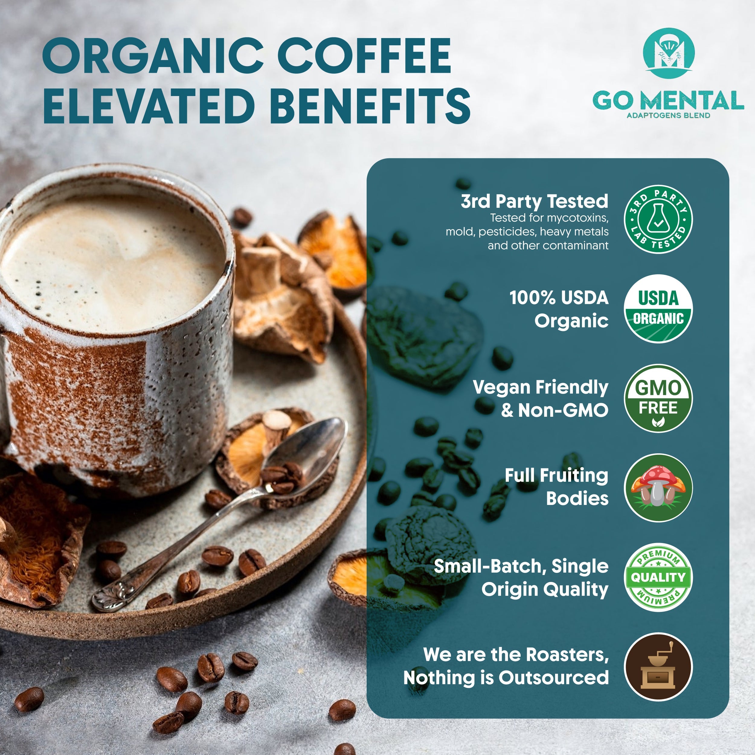Organic Lion's Mane and Chaga Mushroom Coffee Dark Roast by GO MENTAL MUSHROOM COFFEE, featuring a dark roasted coffee blend in a bag