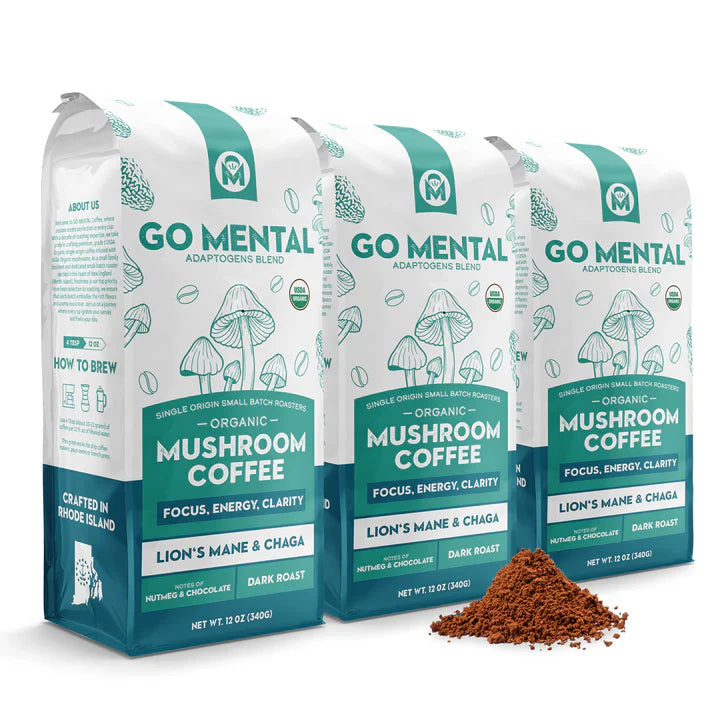 Organic Lion's Mane and Chaga Mushroom Coffee Dark Roast by GO MENTAL MUSHROOM COFFEE, in a dark roasted coffee bag with a label.