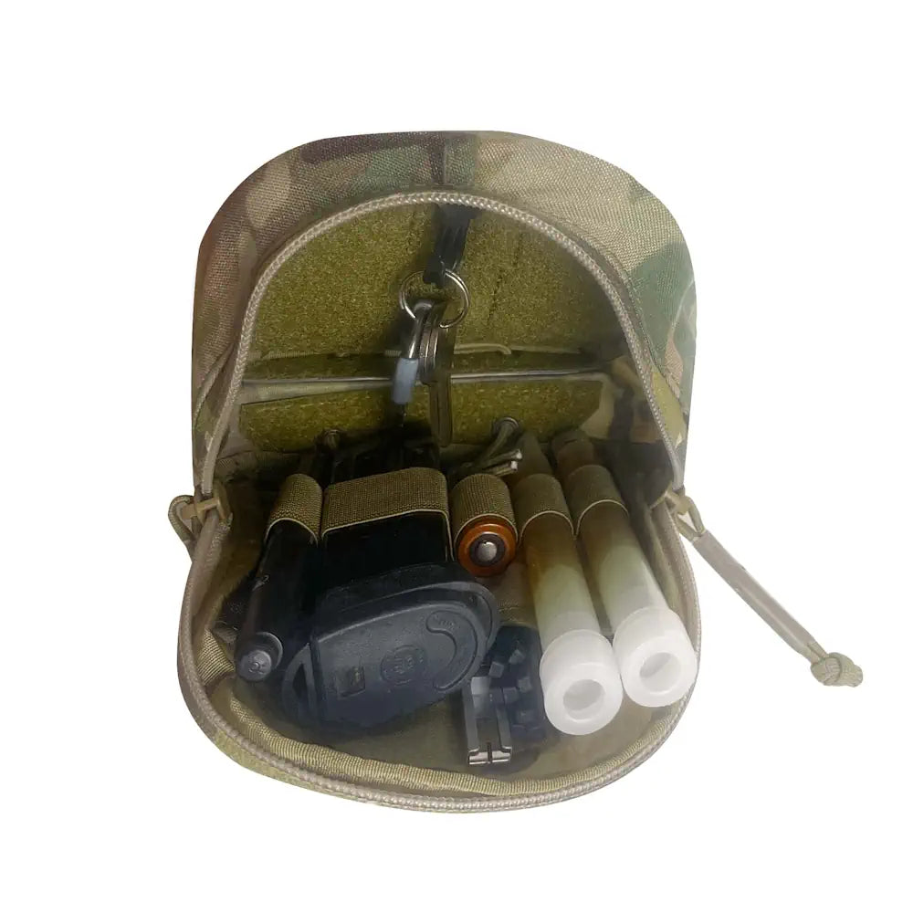 Open medium-sized HCC Tactical general purpose pouch in Multicam pattern with adjustable straps and multiple compartments.