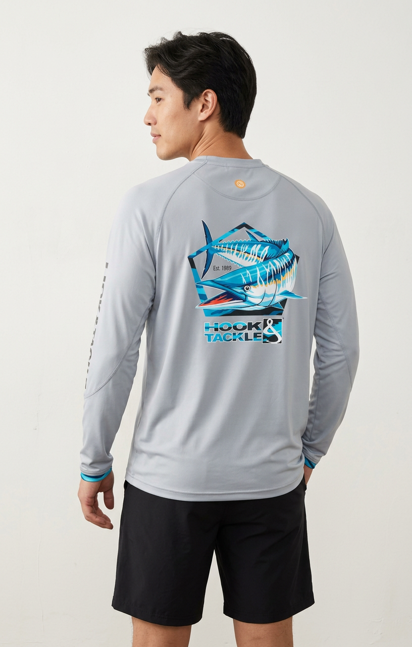 Men's Wahoo Pentagon long-sleeve UV fishing shirt by Hook & Tackle, featuring UPF sun protection and lightweight, breathable fabric.