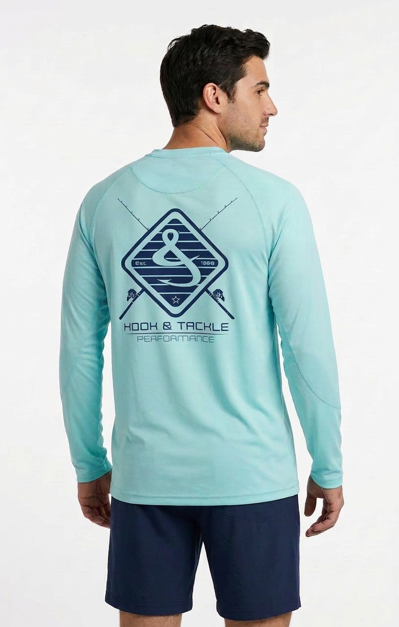 Men's Hook & Tackle UV fishing shirt with long sleeves and built-in sun protection, featuring rods and hook design on the front.
