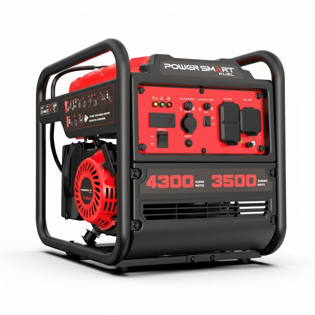 PowerSmart 4300W open frame gas inverter generator for home and garden use, shown with ample white space background.
