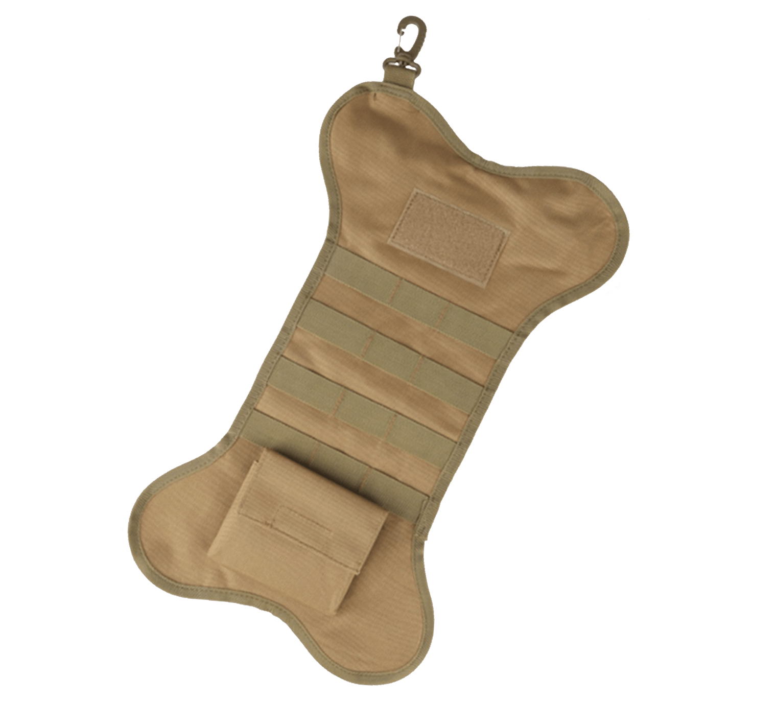 Tan SFT2 Tactical dog bone Christmas stocking hanging with festive decorations, ideal for pet gift giving.