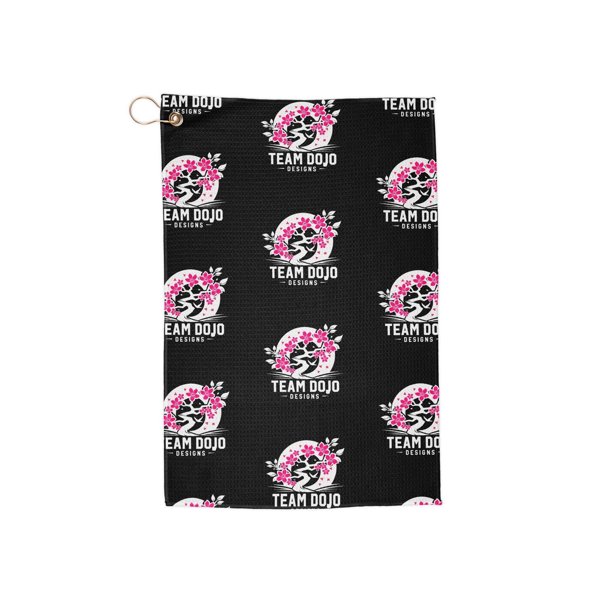 Dojo Designs golf towel with 16x24-inch front view showing soft fabric and embroidered logo for golf accessories.