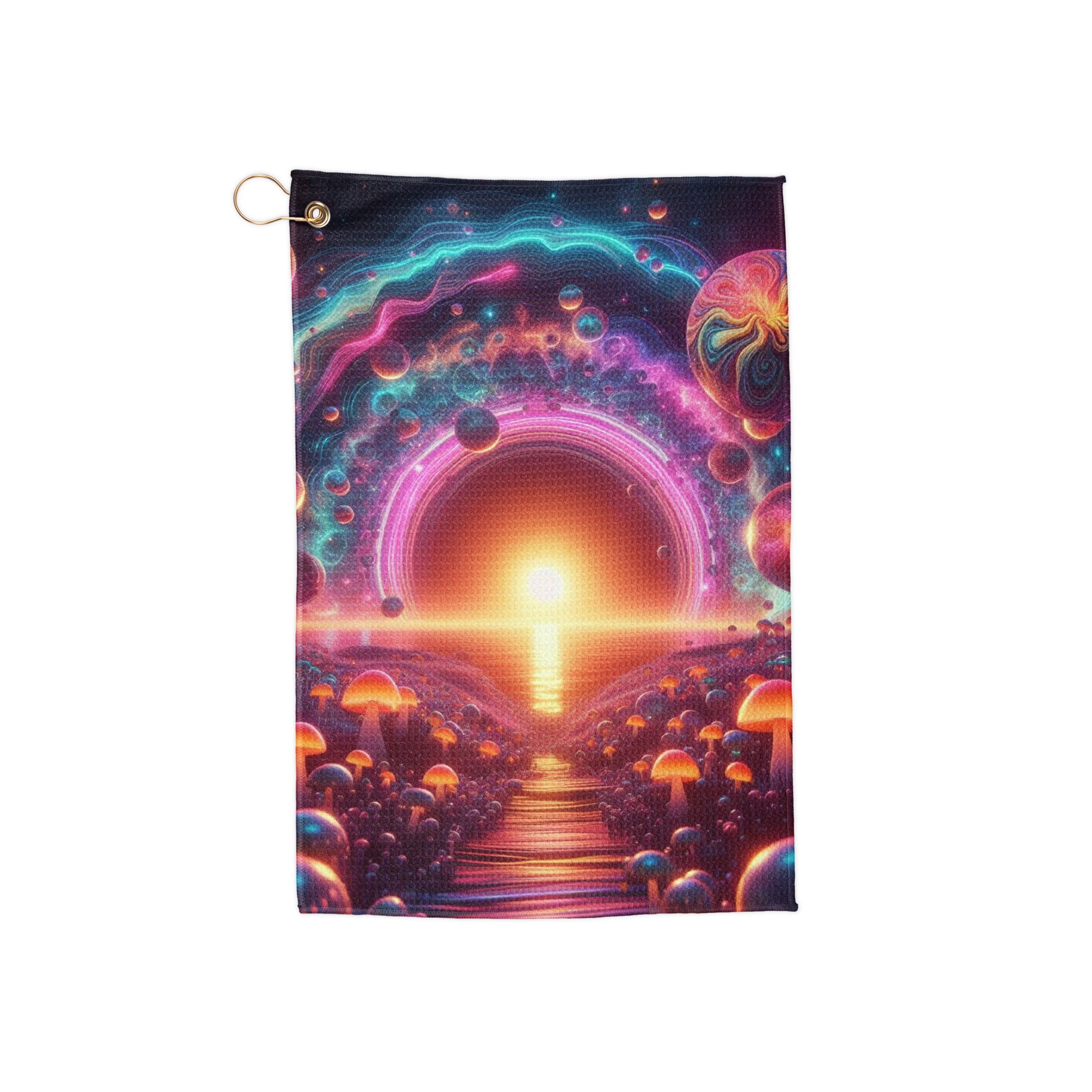 Dojo Designs golf towel with 16x24-inch size, featuring a soft fabric and golf-themed design for cleaning golf clubs and balls.