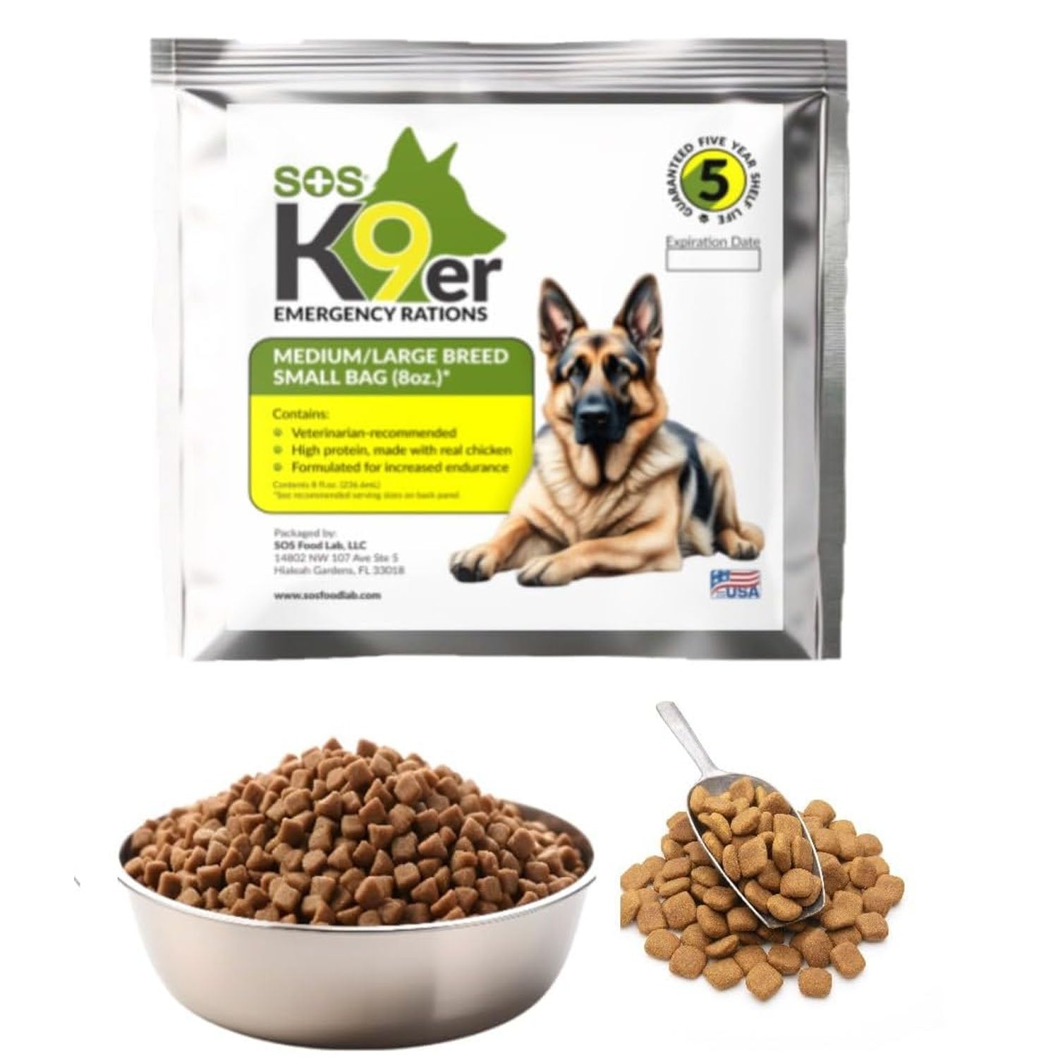Vacuum-sealed 8oz Grab and Go Pet Food Ration for dogs, ideal for emergency food and water supply.