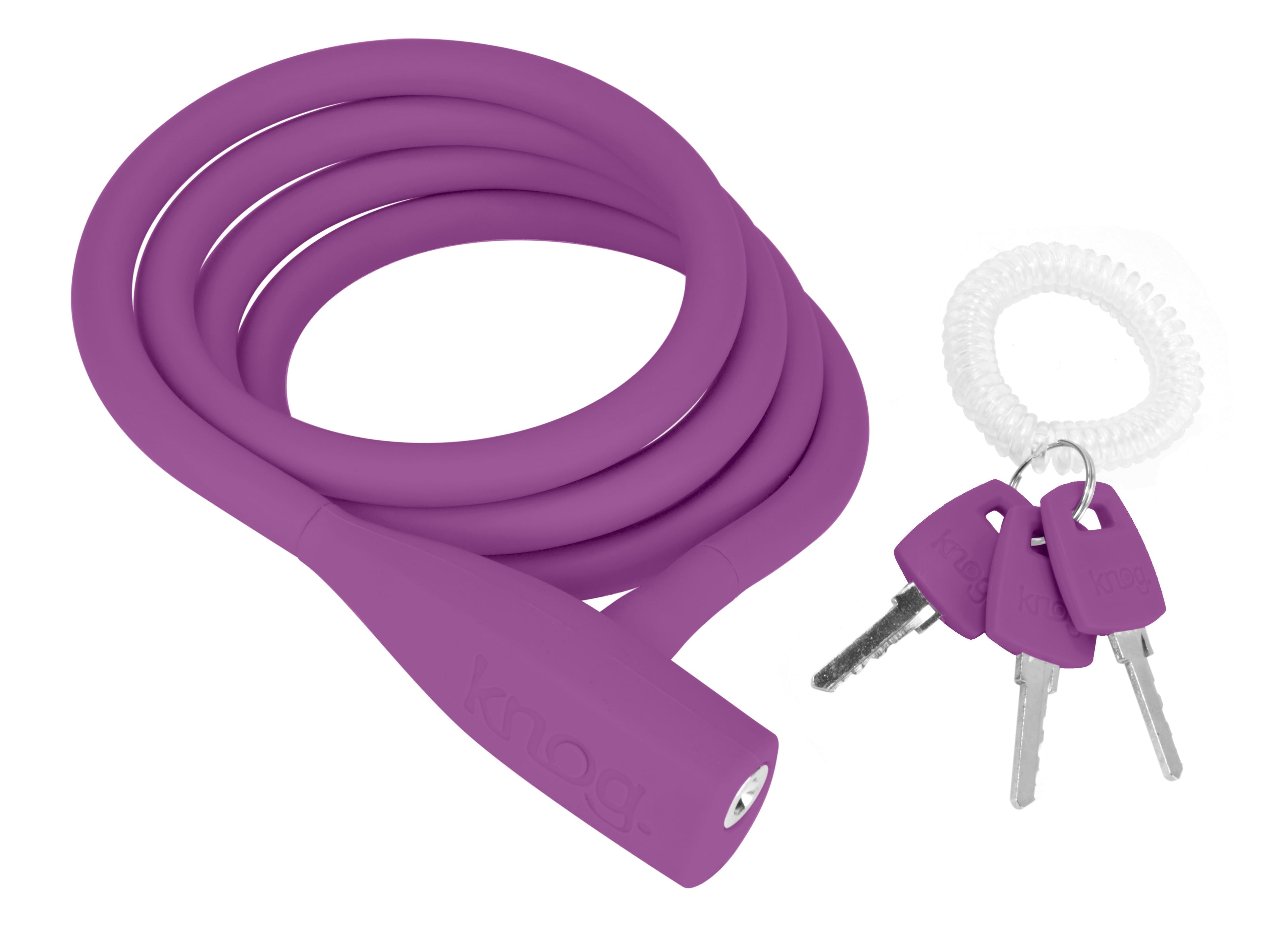 Knog Party Coil cable lock by ZEITBIKE with purple cable and lock mechanism, coiled design for secure bike locking.