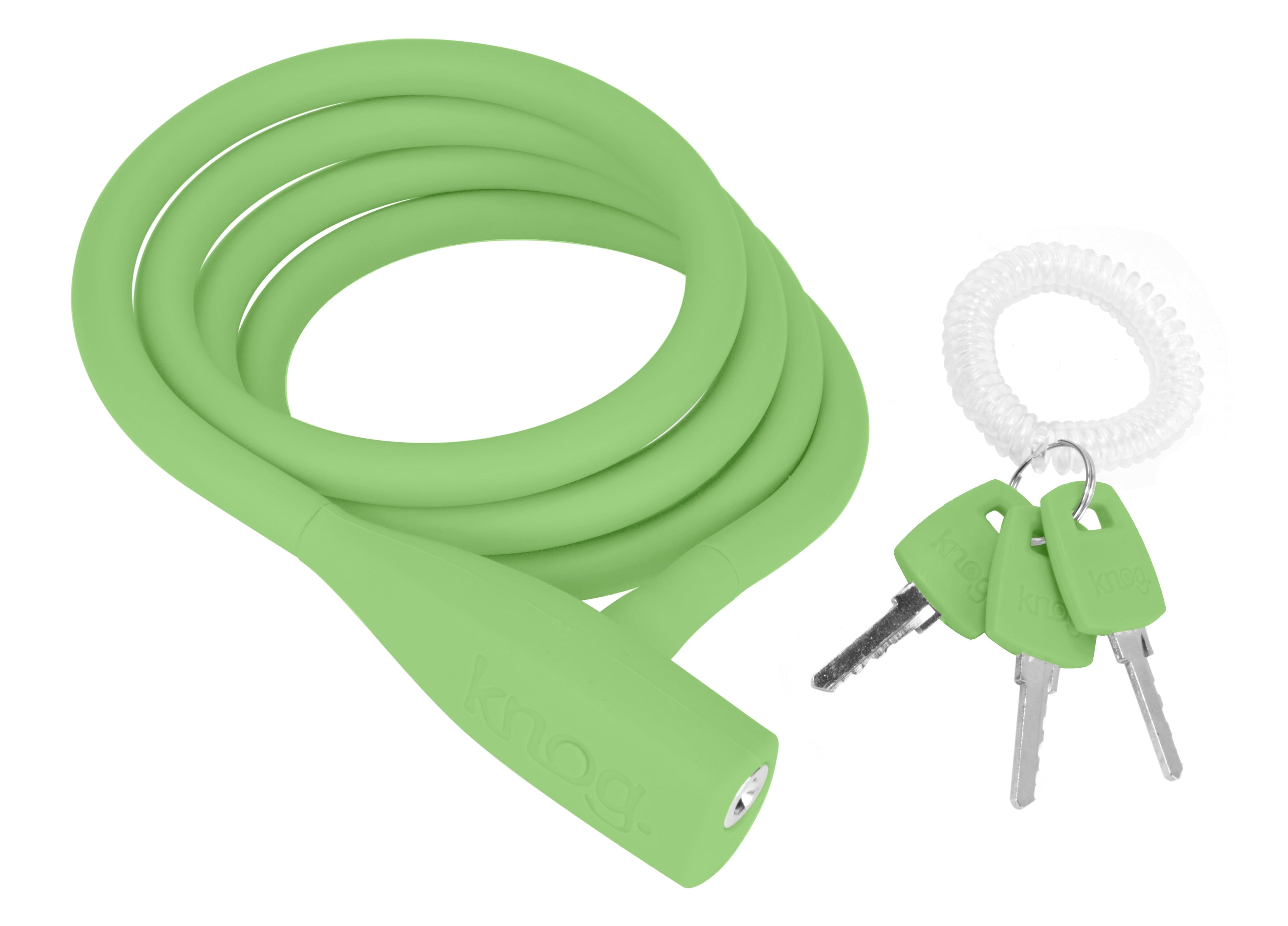 Green Knog Party Coil cable lock by ZEITBIKE with coiled design, ideal for securing bicycles with durable, flexible locking mechanism.