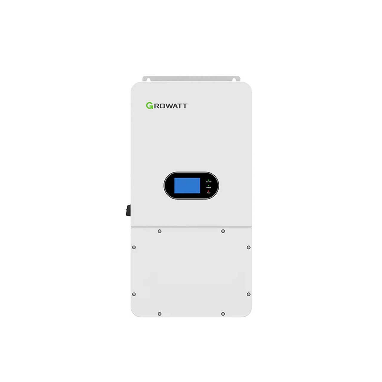 Growatt 10kW hybrid inverter from Portable Sun LLC, shown with digital display and connection ports for solar power system.